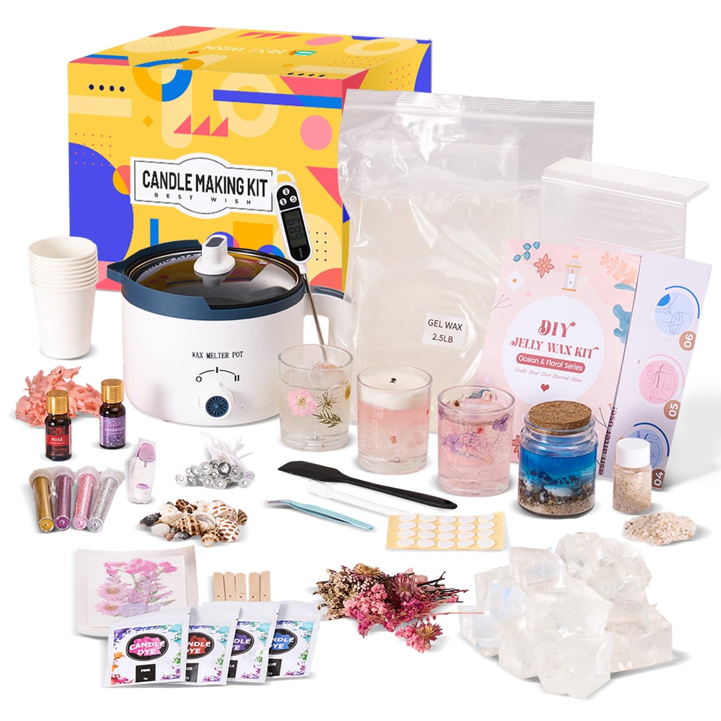 DIY Jelly Wax Candle Making Kit with Jars - Complete Transparent Gel Candle Maker Kit, Ocean Theme Gel Kit & Floral Jelly Wax Set, Includes Dried Flowers, Shells & Essential Oils