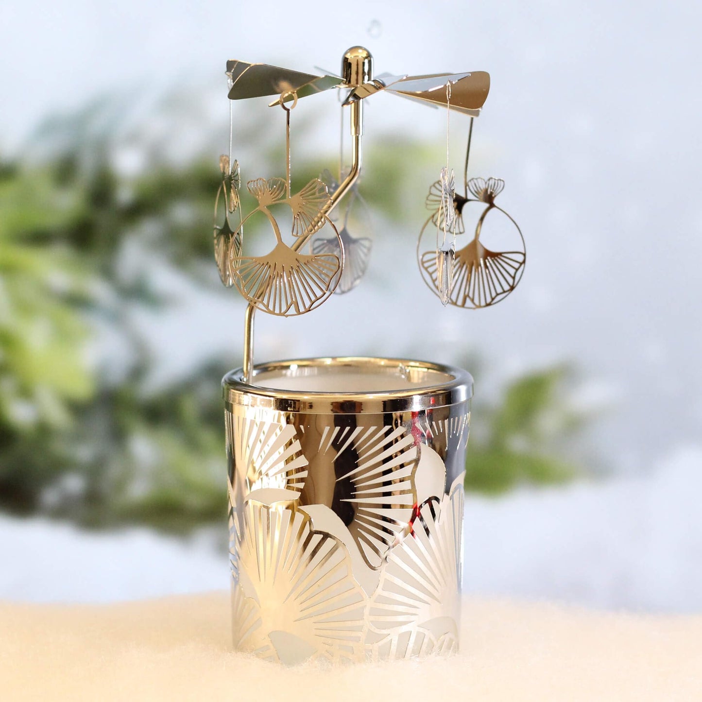 Candle Carousel Rotary Candle Holder Christmas Carousel Spinning Tealight Candleholder Christmas Decoration Centerpieces for Tables Valentine Easter (Gold Ginkgo Leaf)