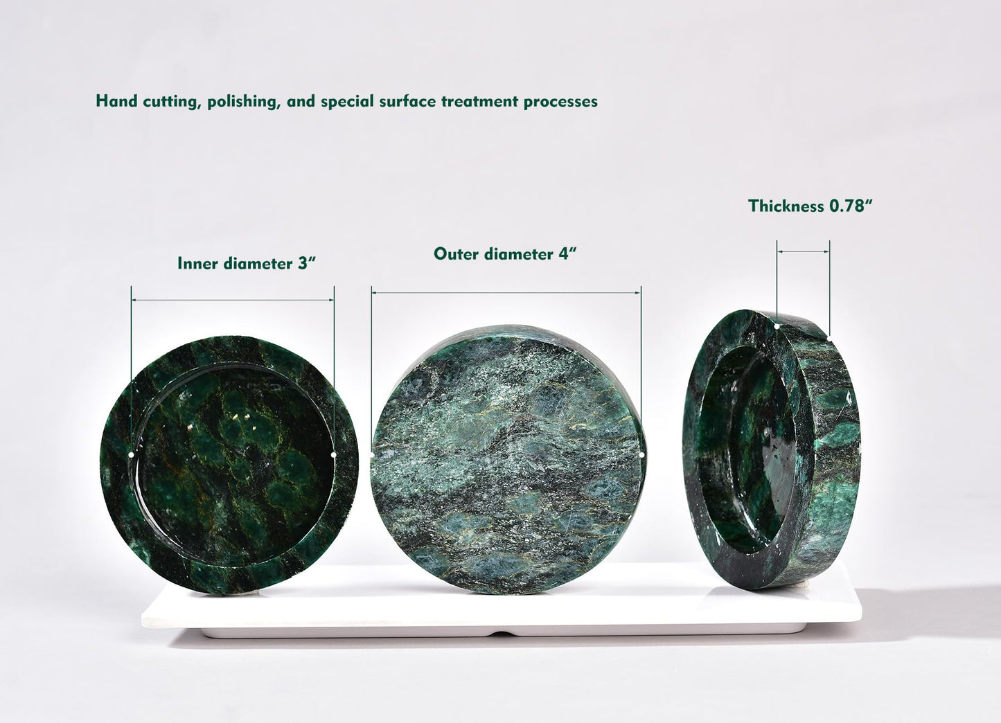 AMOYSTONE Natural Green Candle Holder 4" Round Plate for Pillar Candles with Healing Energy, Polished Emerald Stone Coaster & Jewelry Tray for Home Office Desk Decor