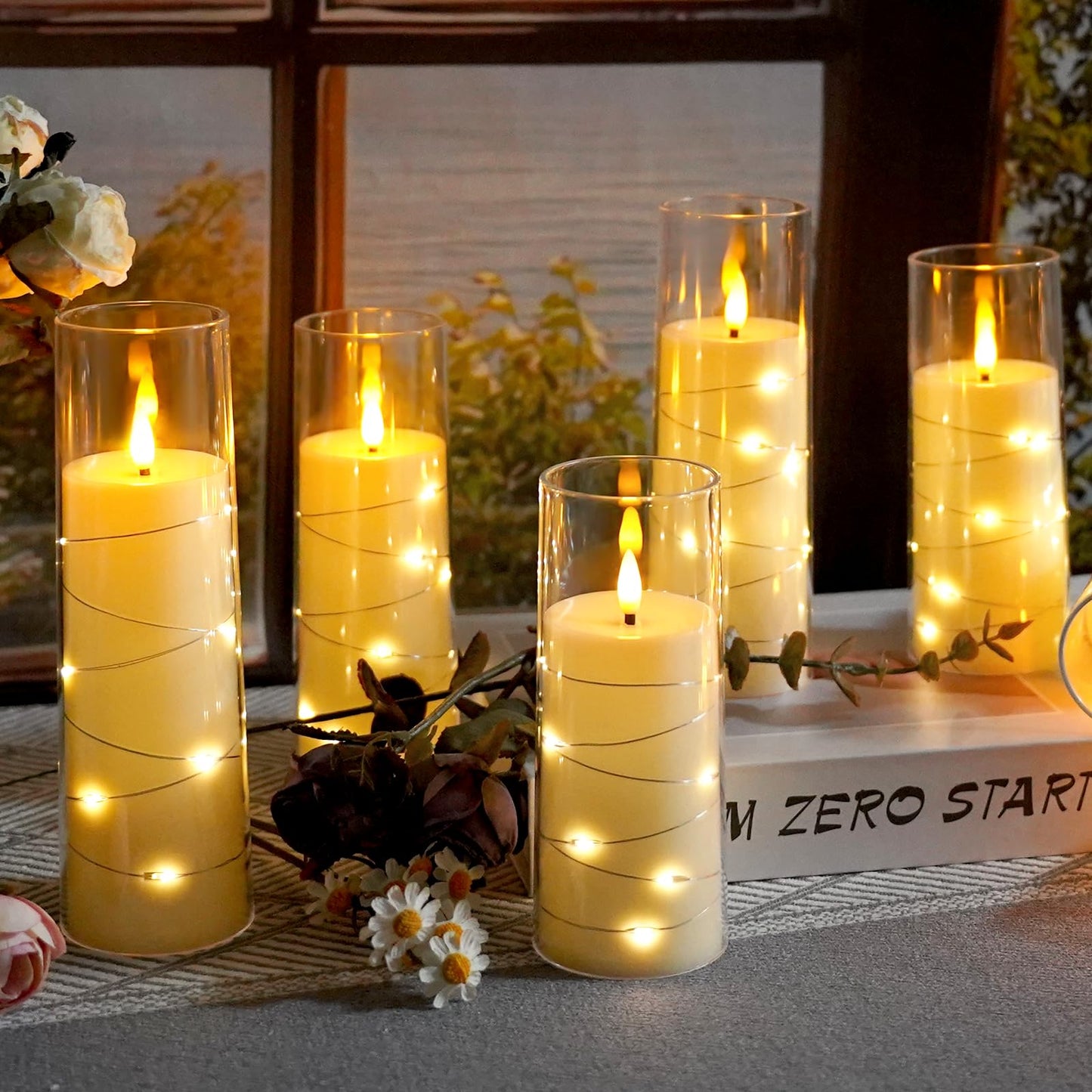 kakoya Flameless LED Candles with Timer 9 Pc Flickering Flameless Candles for Romantic Ambiance and Home Decoration Stable Acrylic Shell,with Embedded Star String，Battery Operated Candles（Ivory）