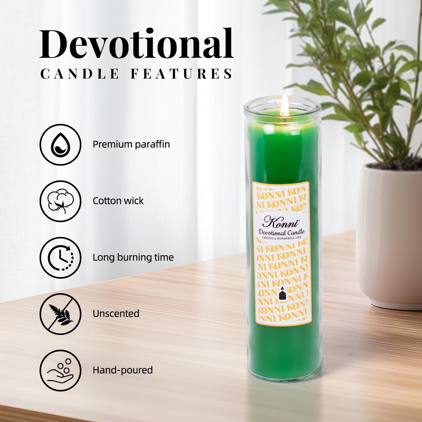 KONNI 2x8 Inch Green Pillar Candles in Glass Set of 3, Devotional Prayer Candle, Unscented Religious Candles, 105 Hours Emergency Long Burning, Ideal for Memorials, Vigil, Blessing