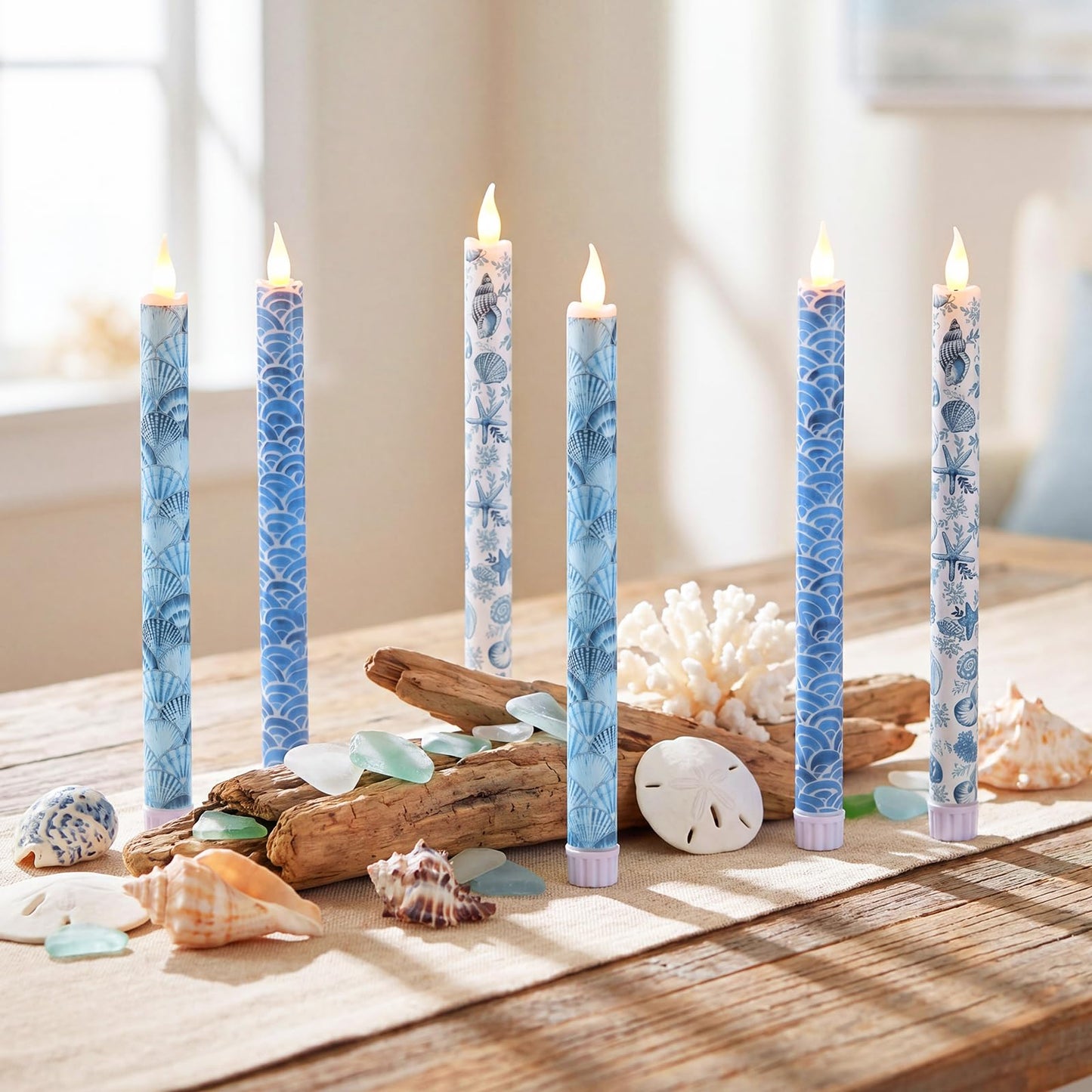 Lyrow 6 Pcs Summer Ocean Flameless Taper Candles with Beach Starfish Seashell 11 Inch LED Candles Flickering Battery Operated Candlesticks for Birthday Seaside Shower Party Summer Table Decor