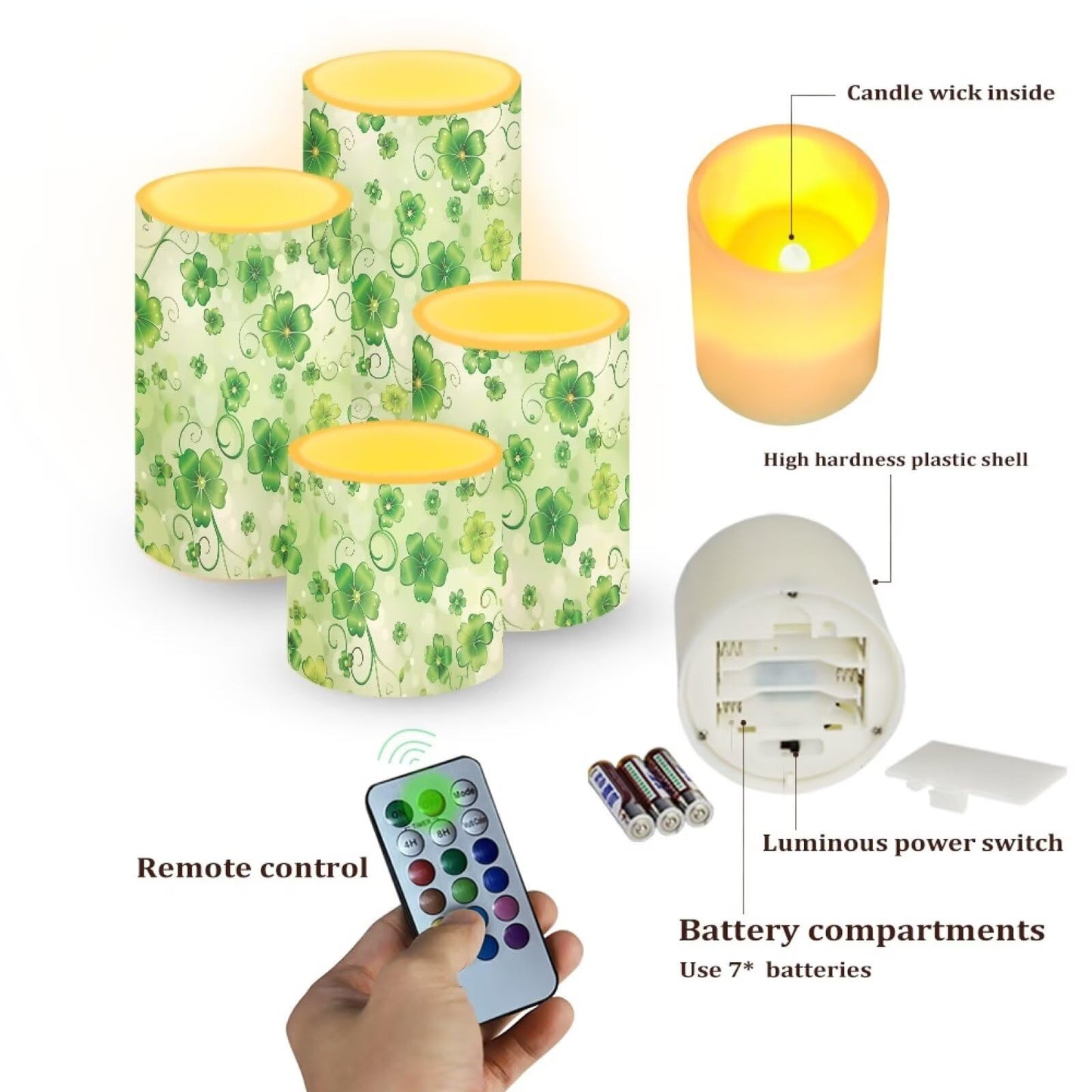NETILGEN 4 Pcs Flameless Candles Battery Powered with Multicolor Lights Timer Remote Control LED Candles St Patrick's Day Green Leaf