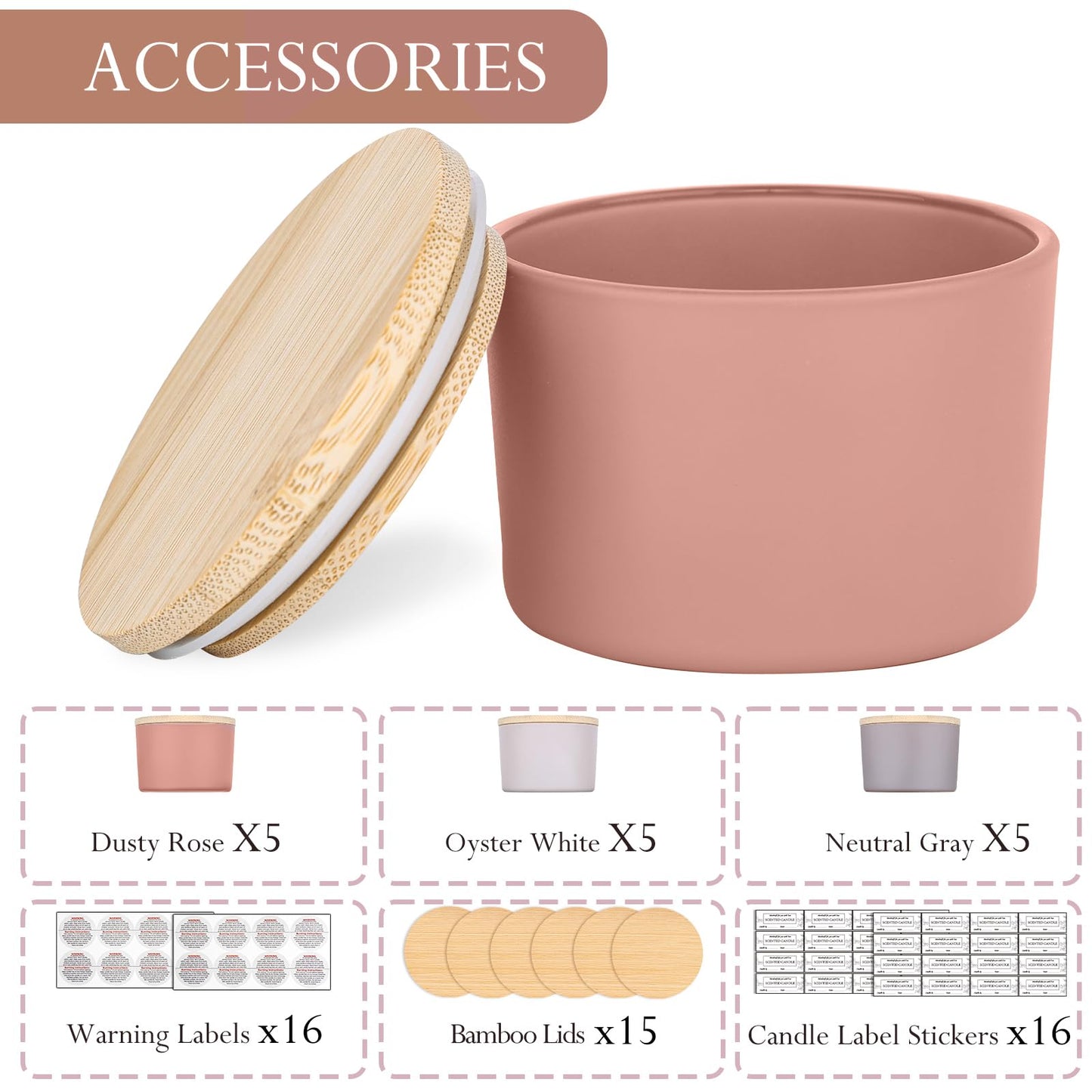 CONNOO 15 Pack 4oz Spring Glass Candle Jars with Airtight Bamboo Lids for Making Candles, Bulk Small Wide Mouth Empty Candle Containers with Sticky Warning Labels - Dishwasher Safe