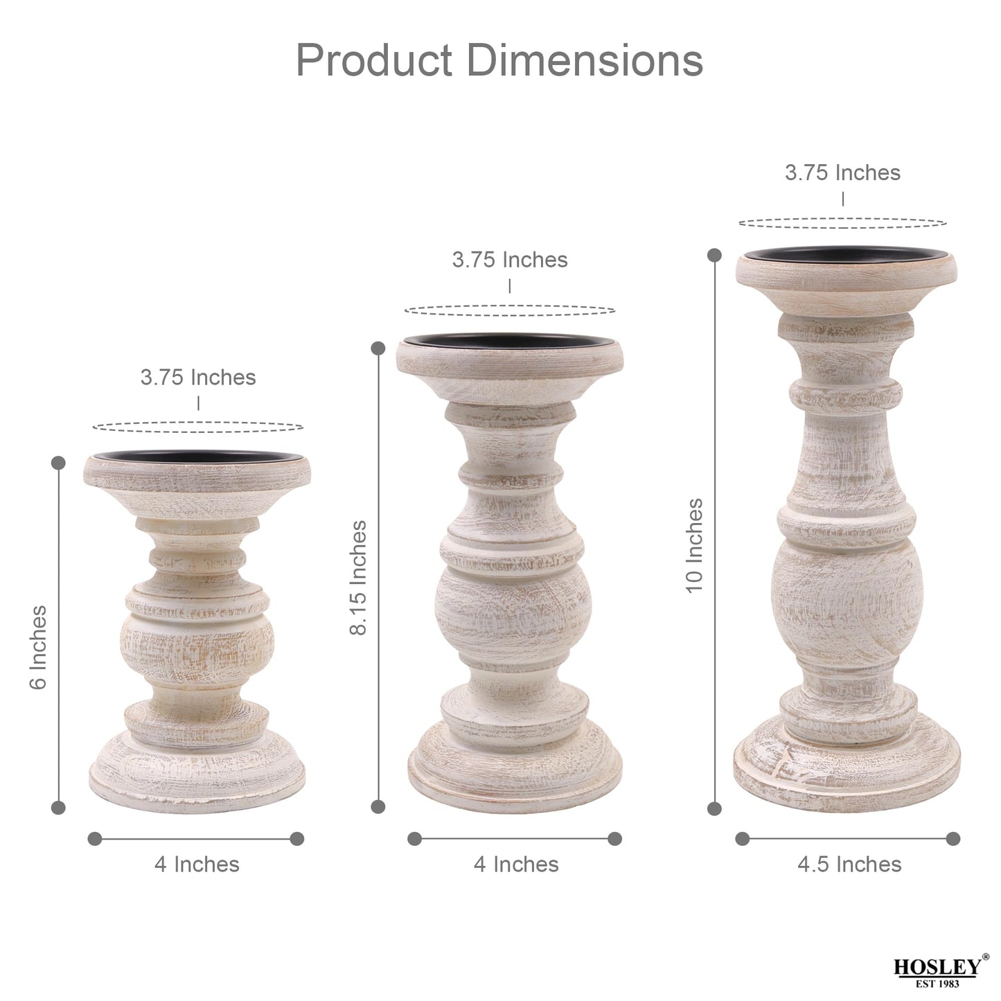Hosley Set of 3 Whitewashed Wooden Pillar Candle Holders – 10”, 8”, and 6” Heights – Ideal for LED and Pillar Candles, Weddings, Parties, Home Décor, Spa, Reiki, and Aromatherapy