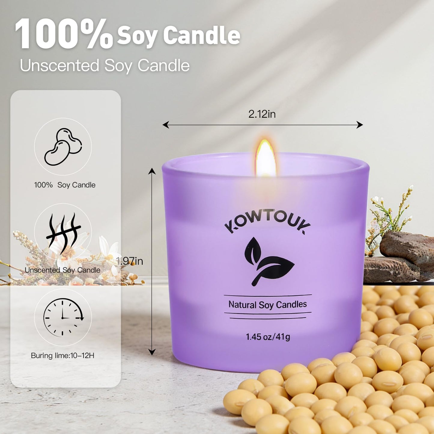 Set of 4 White Unscented Soy Candles, Purple Glass Filled Votive Candles, Hand Poured Wax Candle for Home Décor Aromatherapy Spa Holidays Party and Weddings