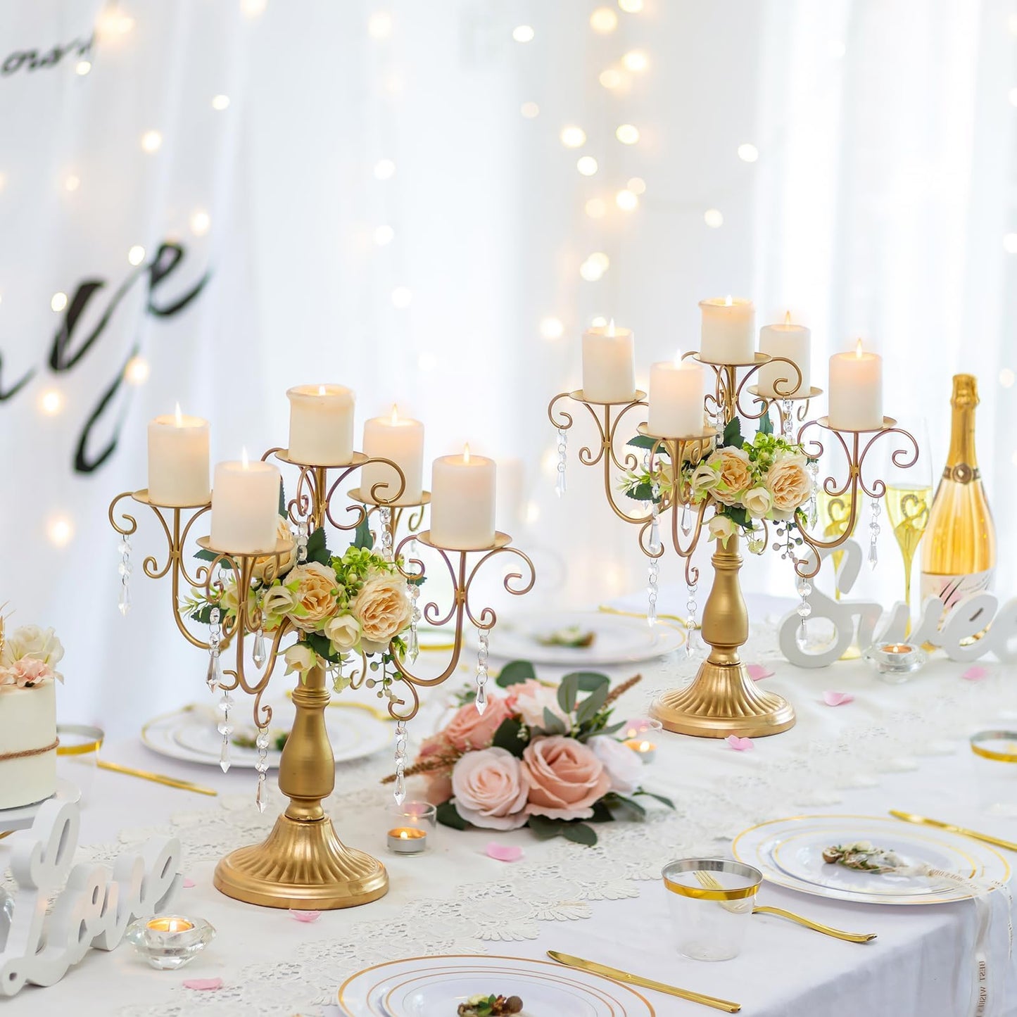 Sziqiqi Gold Candelabra Candle Holder - 5 Arm Pillar Candle Holders with Crystal Beads for Christmas Table Centerpiece Halloween Wedding Candleholders Decoration Set of 2