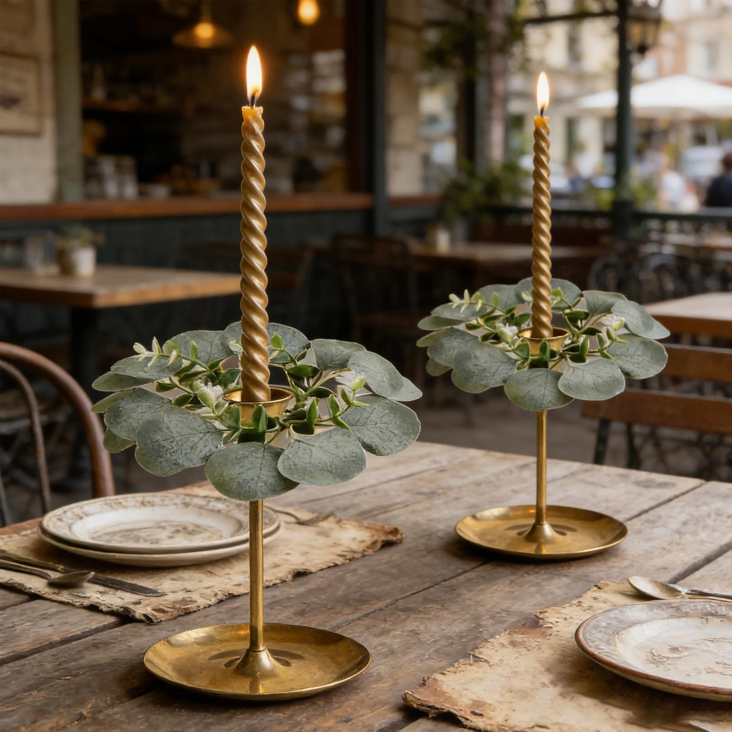 4 PCS Artificial Eucalyptus Taper Candle Rings Wreaths 1.38" Mini Spring Summer Greenery Taper Candle Holder Wreaths Green Rings Table Centerpieces Wreath for Church Farmhouse Home Candlesticks Decor