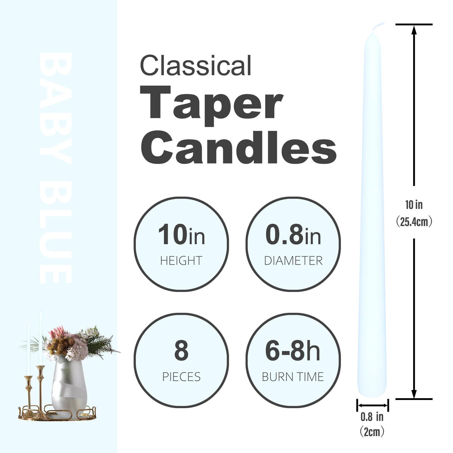 8 Pack 10 Inch Soft Baby Blue Taper Candles Long Burning Time and Dripless Candles for Dinner Home Decor Wedding Shower
