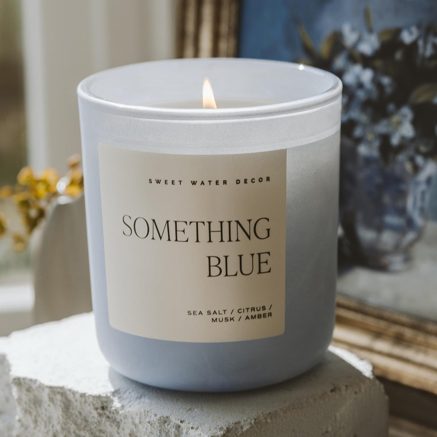Sweet Water Decor Something Blue Candle, Non-Toxic Soy Wax with Lemon, Cedarwood, Cinnamon, Vetiver, Amber & Musk, 15 oz Jar, 70 Hours Burn Time - Bridal Shower Decoration and Gift for Future Wife