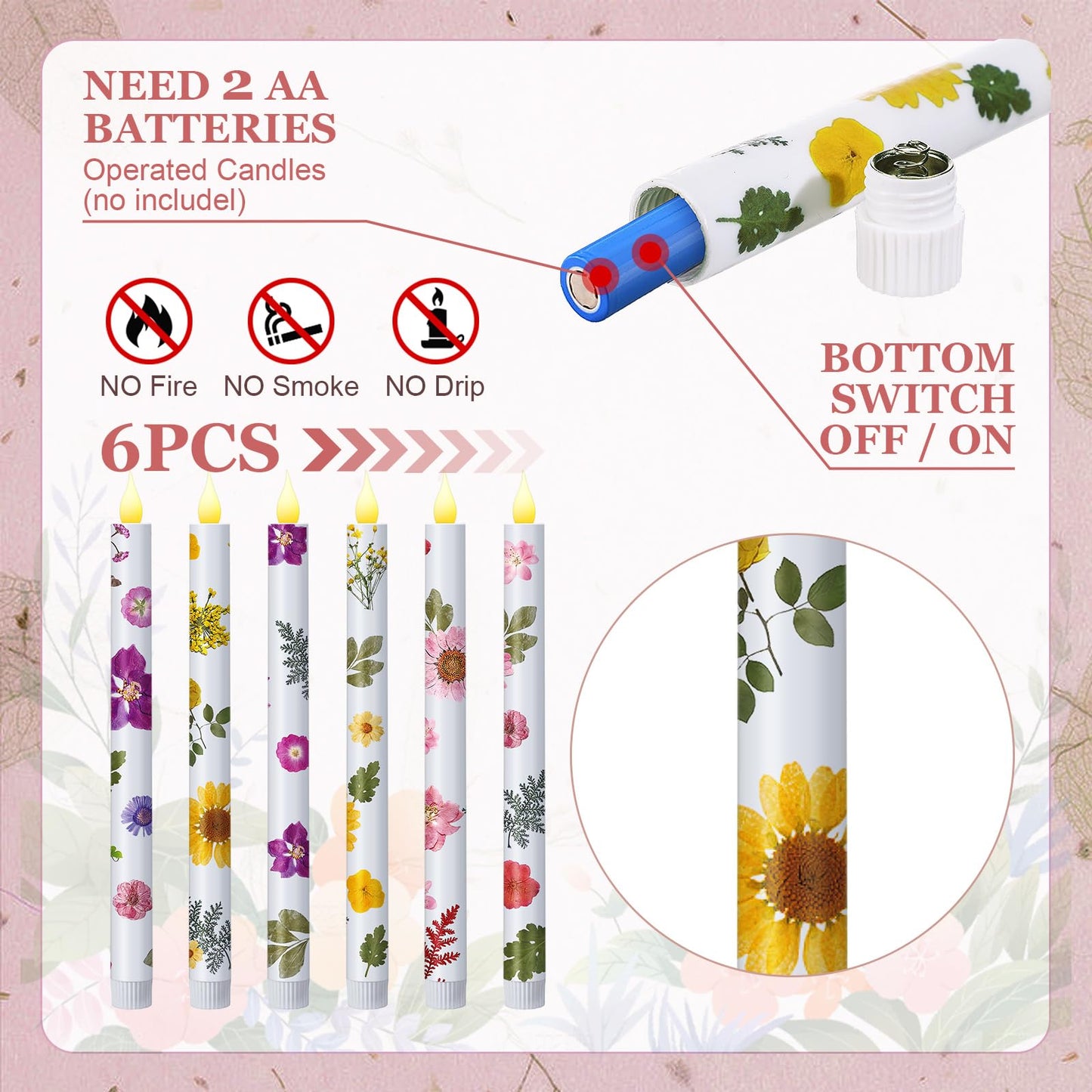 Nuanchu 6 Pcs Mother's Day Floral LED Flameless Taper Candles 10.6 Inch Pastel Dried Flower Flameless Candles Battery Operated Candlestick for Home Wedding Garden Summer Party Decoration