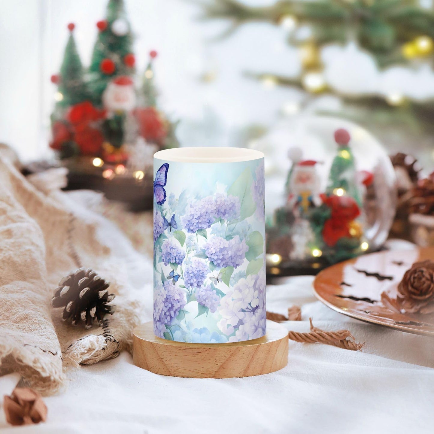 ALAZA Blue Hydrangea Flowers with Butterflies Flickering Flameless Candles Battery Operated with Remote Timer,Tea Light Candles LED Pillar Votive Candles Set of 2 for Outdoor Indoor Decorations