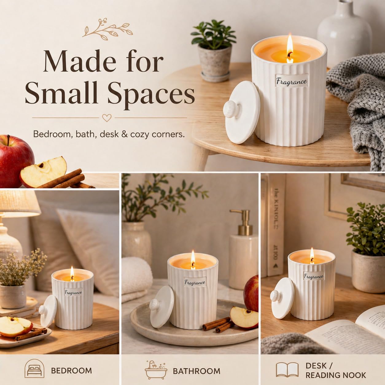 Viyffo Apple Cinnamon Holiday Scented Candle for Women & Men, Non Toxic Soy Candle in Matte White Ceramic Jar with Gift Box Perfect for Winter Gift & Home Decor