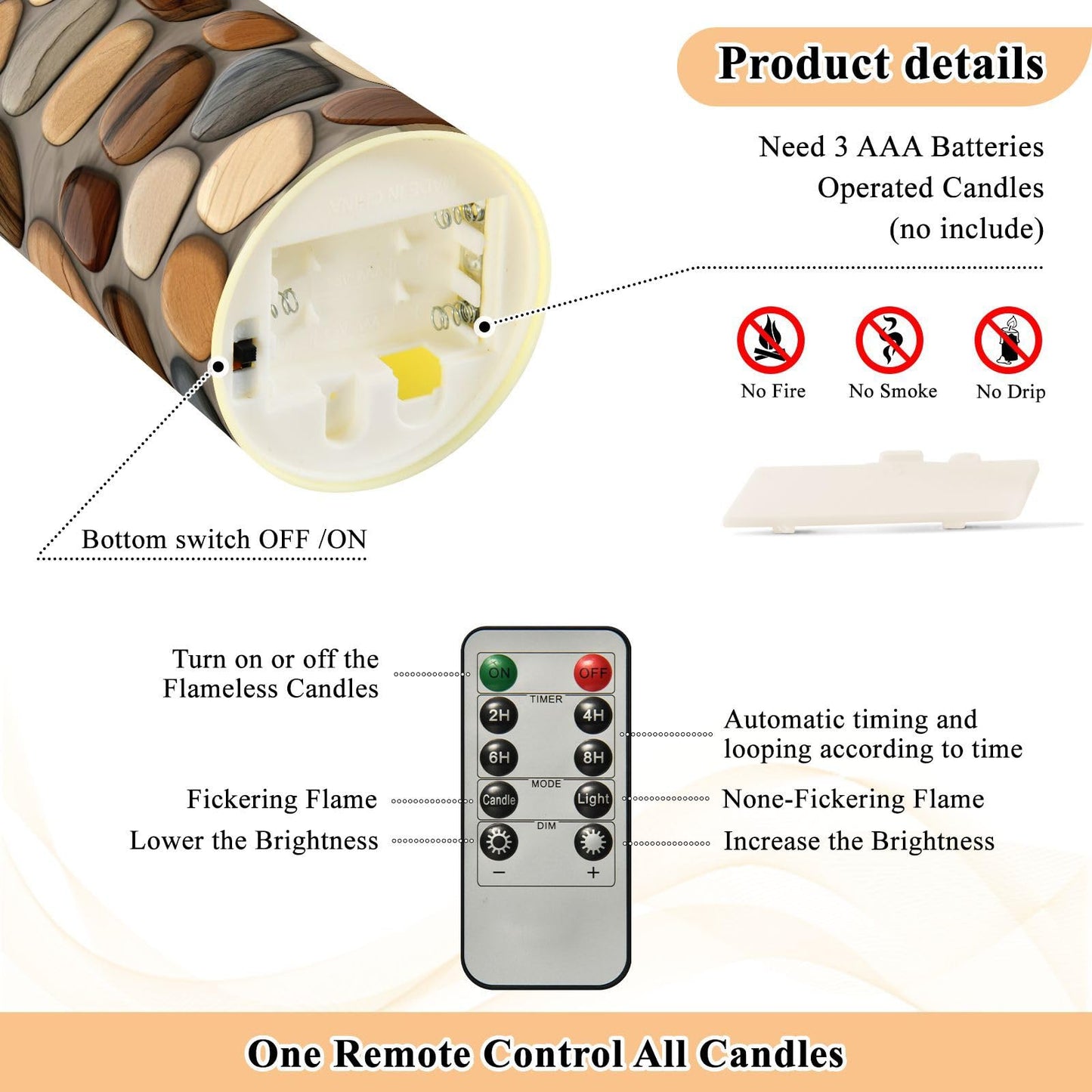 Gravopti Beautiful Pebble Stones 2 Pack Flameless LED Pillar Candles with Remote & Timer, Battery Operated, Flickering Wax Candle for Wedding, Romantic Home & Party Decor