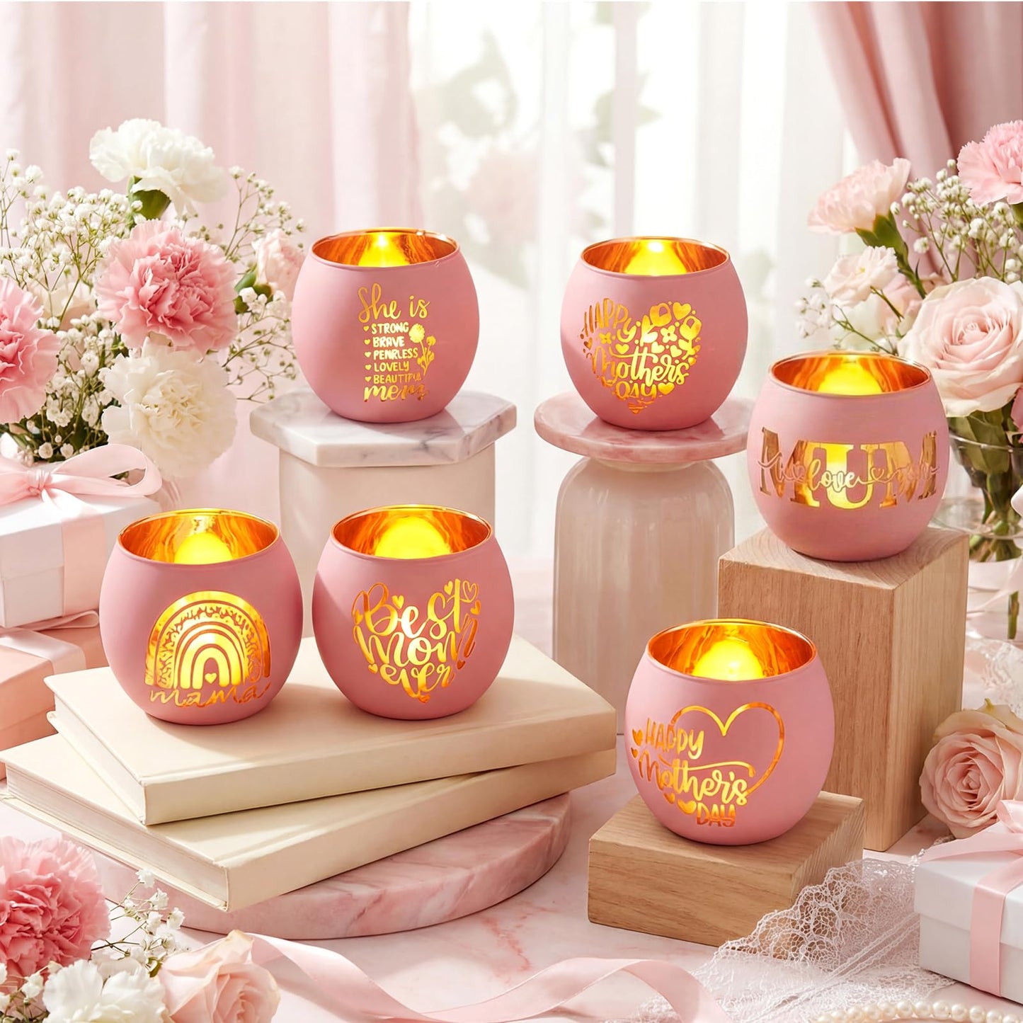 FoldTier 6 Pcs Best Mom Ever Gifts Candle Holders Rainbow Love Mum Home Decor for Candle Pink Mama Tealight Votive Holder for Birthday Party Centerpiece Mother's Gift for Birthday, Anniversary, Thanks
