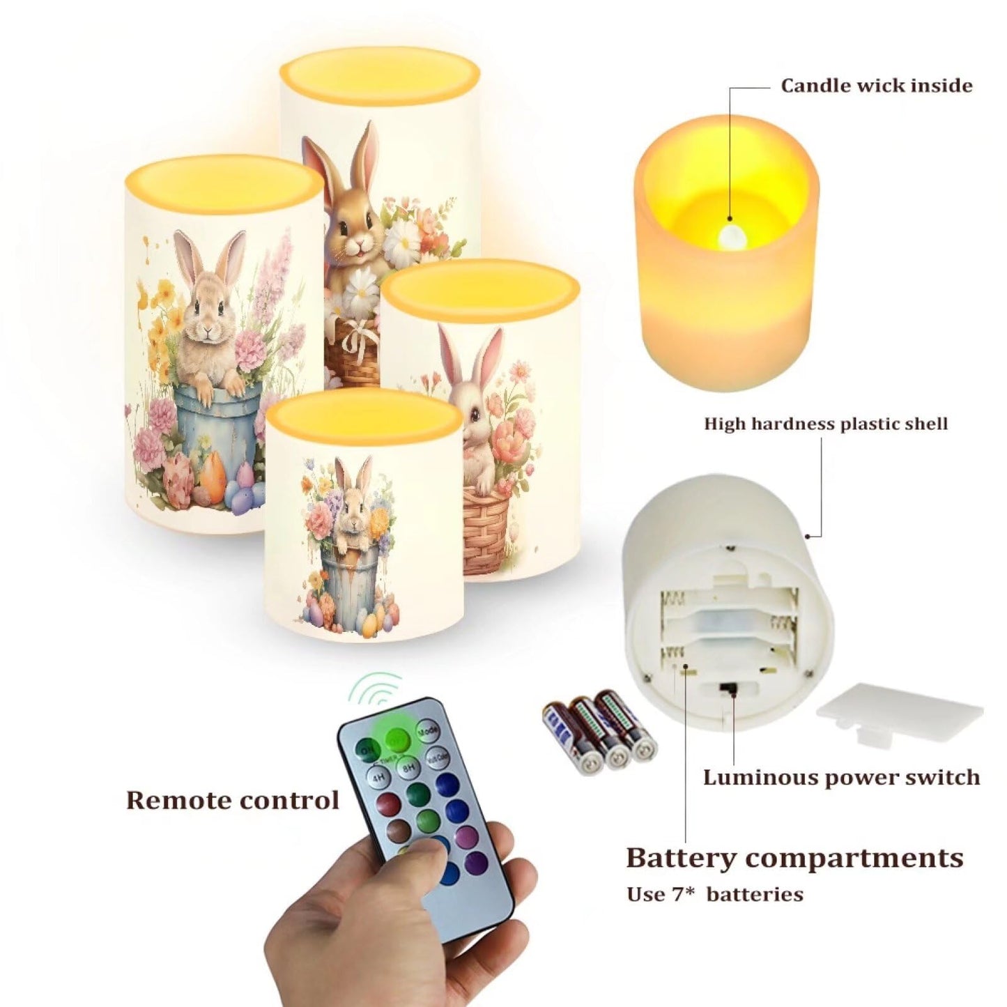 NETILGEN Happy Easter Day Decor Flameless Electric Candles Pillar Candles Lamps with Remote Timer Control Long Lasting for Home Party Decoration Pack of 4, Easter Floral Bunny