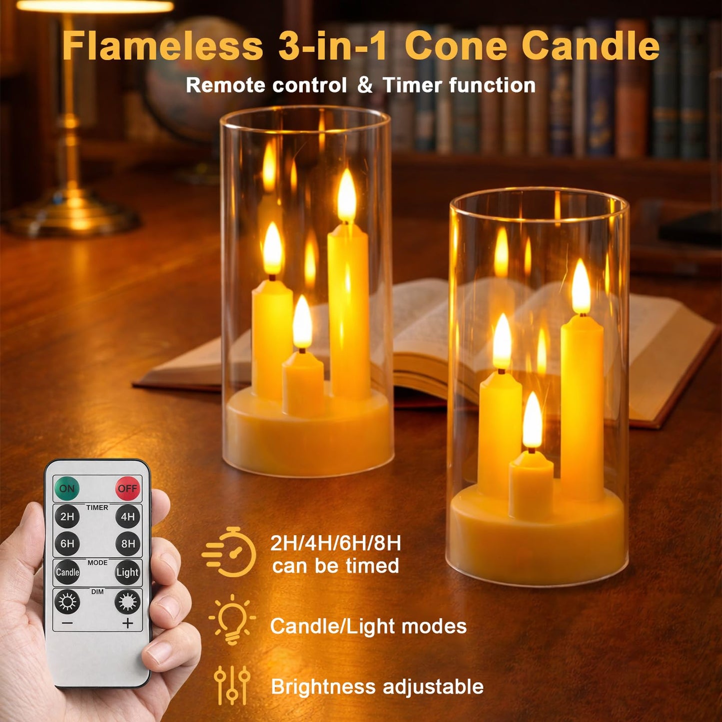 Eynshoo Flameless 3-in-1 Cone Candle with Remote & Timer, Battery-Operated LED Candle with 3D Flickering Wick, Acrylic,for Home Decor, Holiday Parties & Wedding Centerpieces(2pcs)