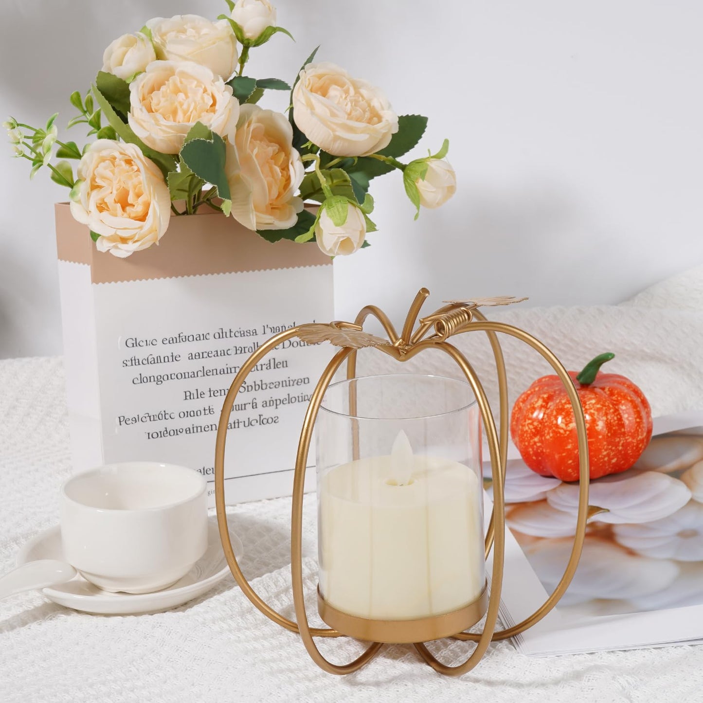 ZpigToor 6.9" Metal Pumpkin Candle Holder with LED Candle,Fall Candle Holder Fall Centerpieces for Dining Table,Coffee Table,Dining Room Decorations