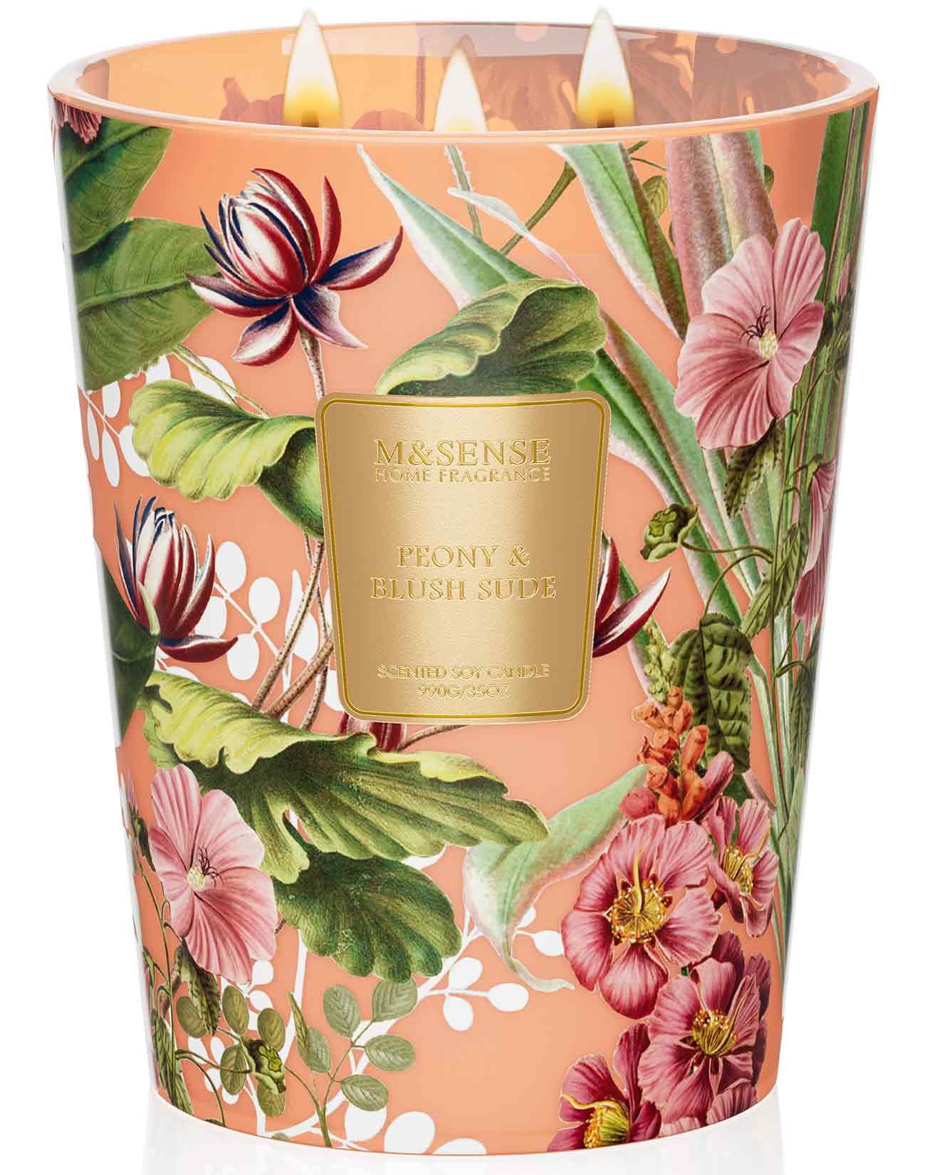 M&SENSE Peony Blush Suede Soy Candle, 35oz 3 Wick 150H Non Toxic Long Lasting, Summer Floral Bedroom Scent, Gift for Women