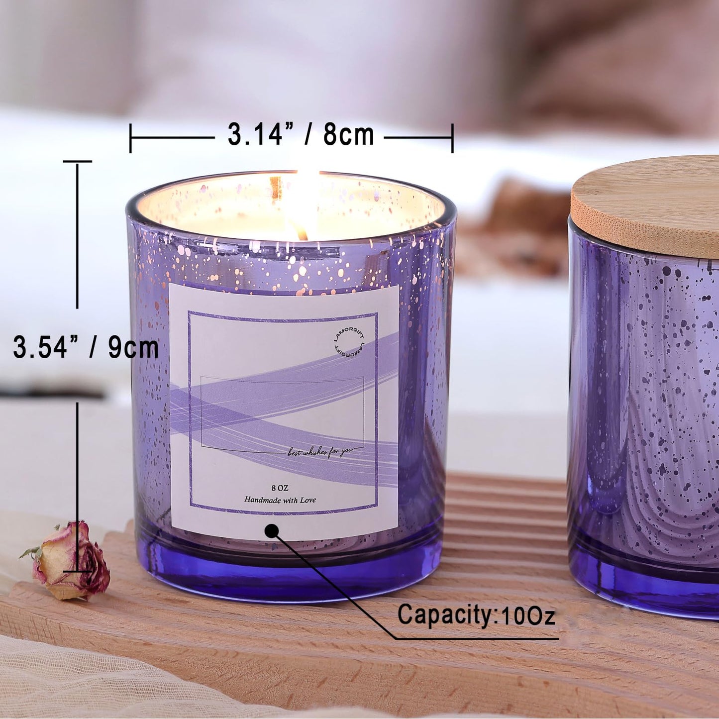 LAMORGIFT 12 Pack Glass Jars with Lids (10oz, Purple) - Making Containers for Candles - Mercury Glass Jars Include 15 Pcs Labels