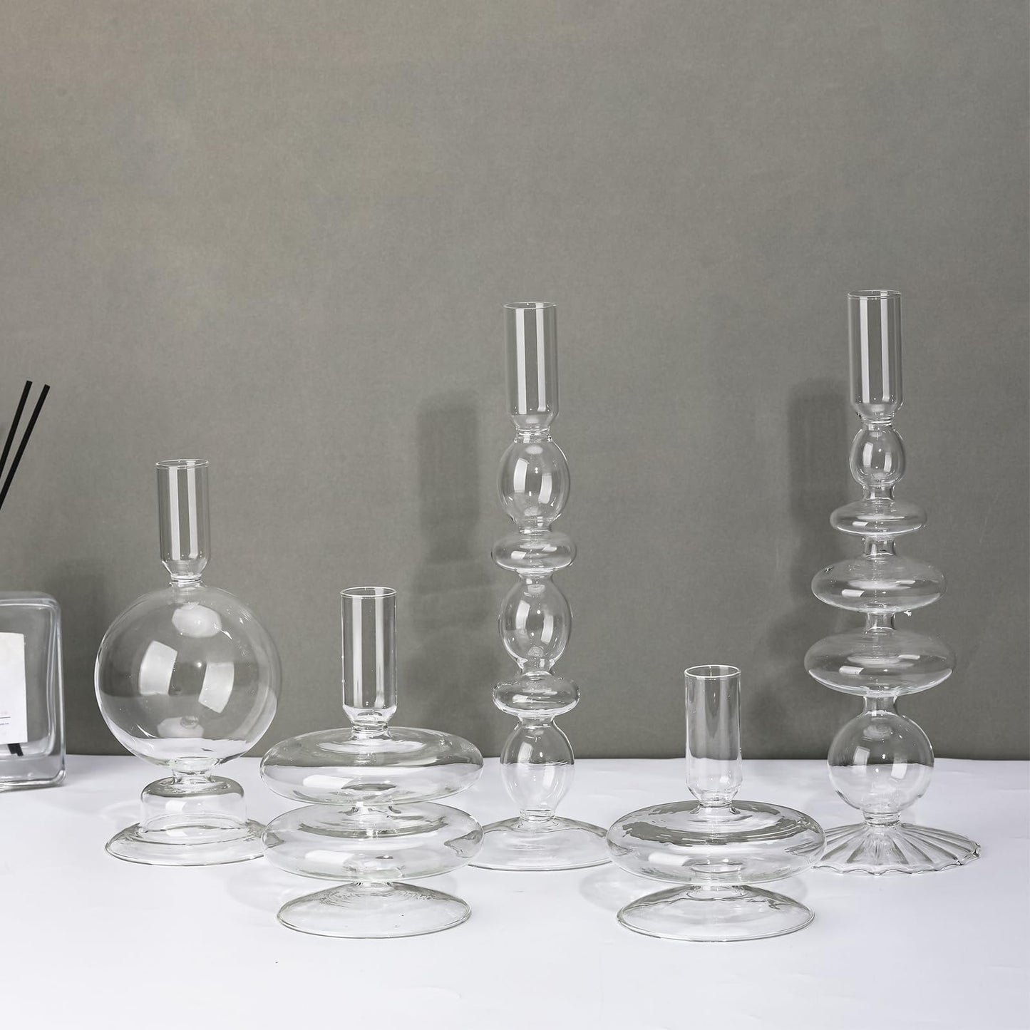 Rtteri 5 Pcs Glass Candlestick Holders Colorful Glass Taper Candle Stand Groovy Candlestick Wavy Boho Chic Clear Bases Holders Elegant Vase for Home Party Centerpiece(Clear)