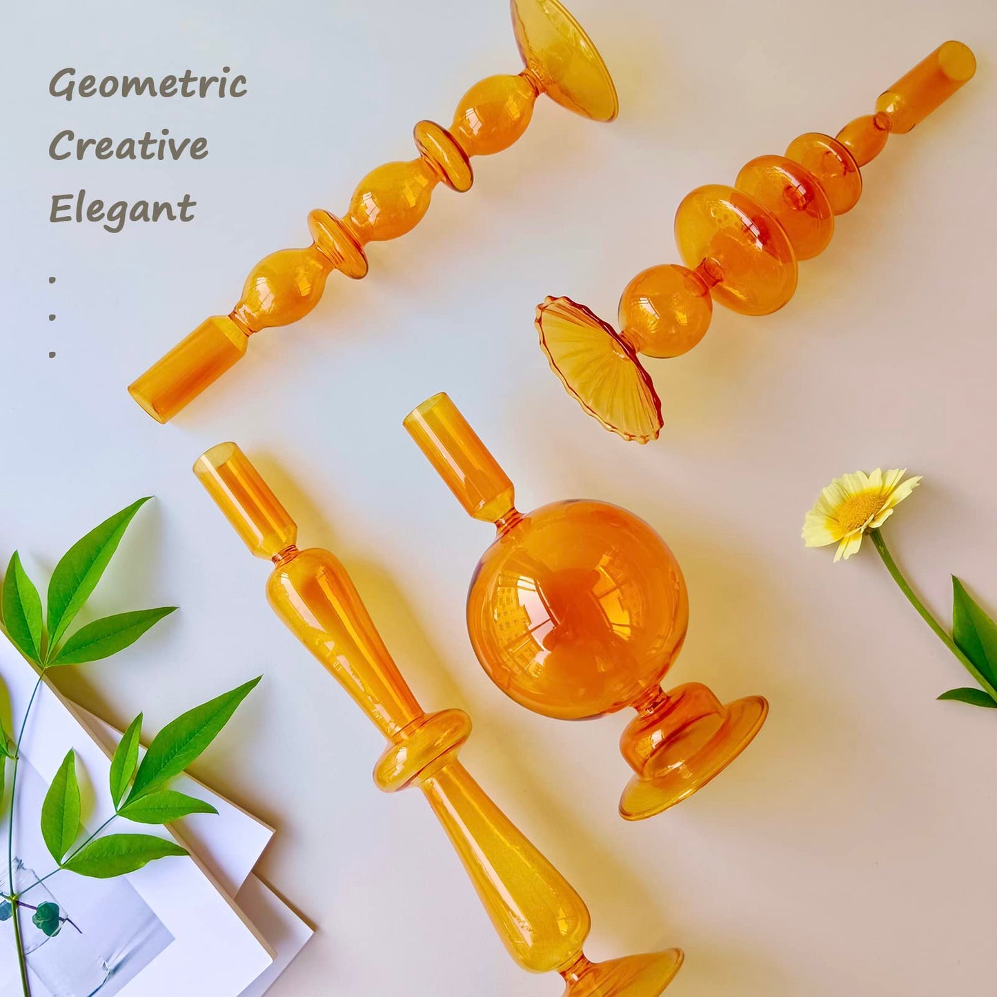 Amanman Candle Stick Candle Holder, Glass Candle Holders for Table Centerpiece, Modern Style Amber Candle Holder Mixed 4pcs