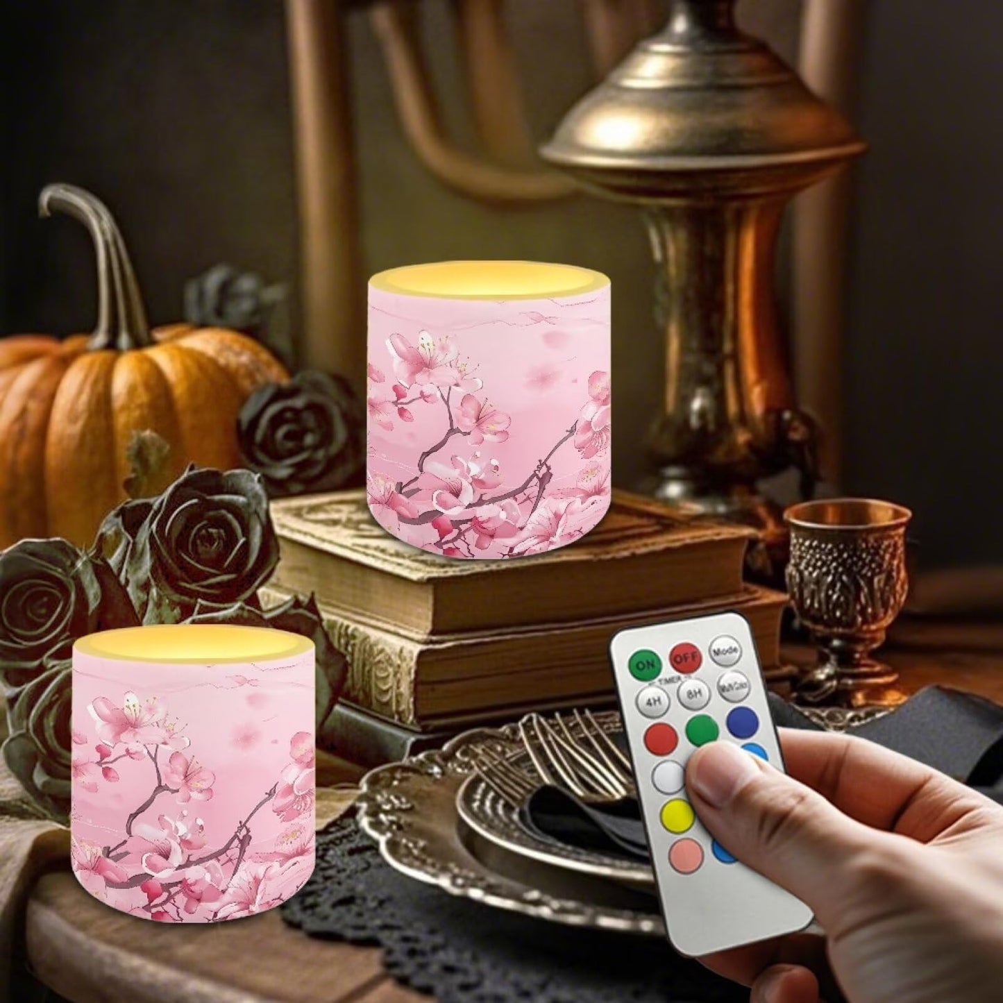 NETILGEN 3 inch Decorative Flameless LED Candles with Remote Control Timer Set of 4 Battery Operated Candles Pink Plum Blossom for Wedding Party Decor