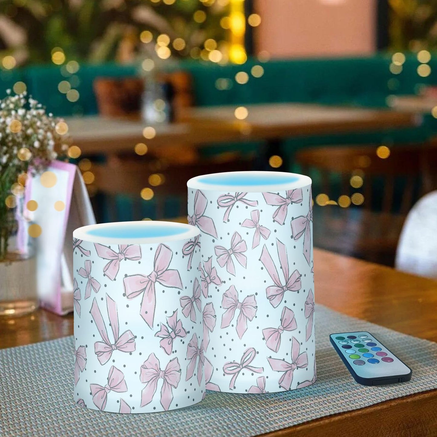 BOENLE Flickering Flameless Candles, Cute Bows Pink LED Candles with Remote Timer, Set of 2 Battery Operated Candle for Valentine Wedding Birthday