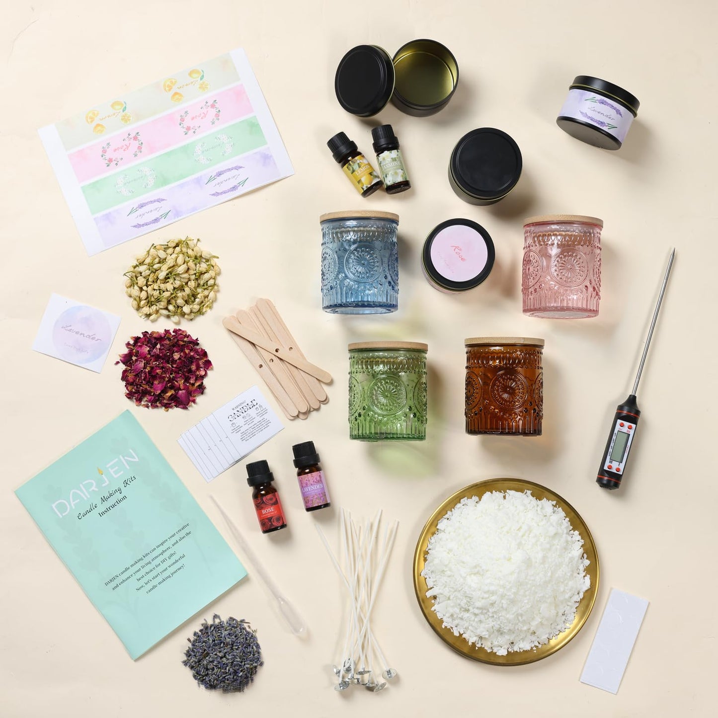 DARJEN Candle Making Kits - Soy Candles Making Supplies for Adults Including 4 Candle Jars(Amber, Pink, Blue, Green), Candle Tins, Wax, Scents, Dried Flower & More, DIY Arts & Crafts Kits Home Decor