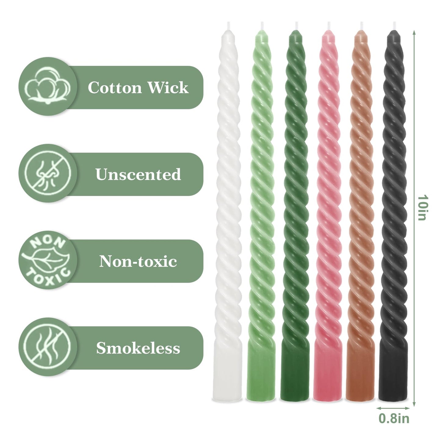 Whaline 12 Pcs 10 Inch Boho Spiral Taper Candles 6 Colors Dripless Twisted Wax Candles Long Unscented Candle Sticks for Home Party Dinner Table Supplies