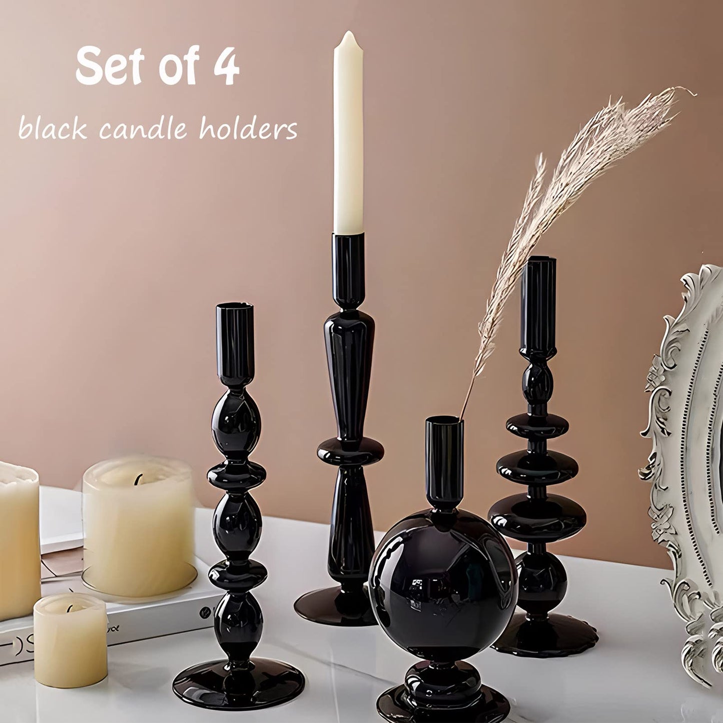 Amanman Candle Stick Candle Holder, Glass Candle Holders for Table Centerpiece, Modern Style Black Candle Holder Mixed 4pcs