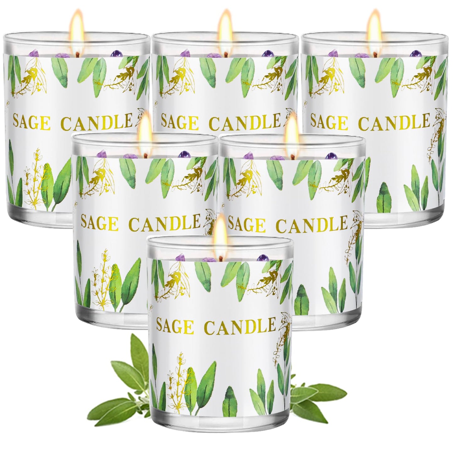 Candles, 6 Pack Sage Candle for Cleansing House Negative Energy, Scented Candles Gifts Set for Women, Crystal Candle Clearance with Crystal Healing Stones, Alternative to Smudge Sticks, Relax & Mind