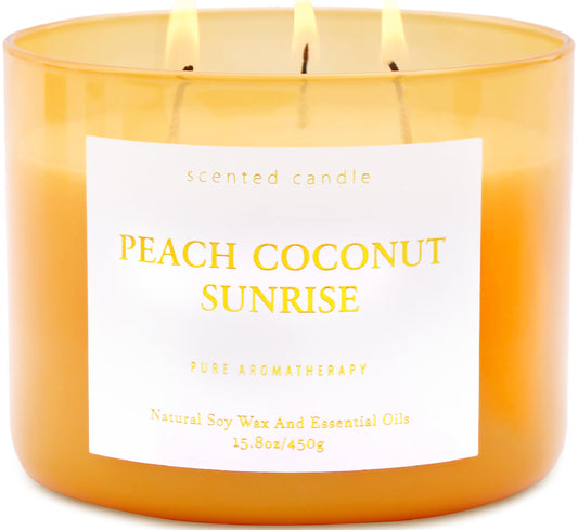 Peach Coconut Sunrise 3-Wick Soy Candle | 15.8 oz Large Aromatherapy Candle for Home | Clean Burn Long Lasting | Tropical Fruit Scent | Gift Ready