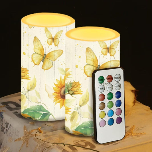 Luarisgur Butterfly Sunflower Flameless Candles 2 Pack 6 x 3 inch Battery Operated Candles with Multicolor Timer Remote Control LED Fake Candles for Warm Light Dinner Table Home Decor