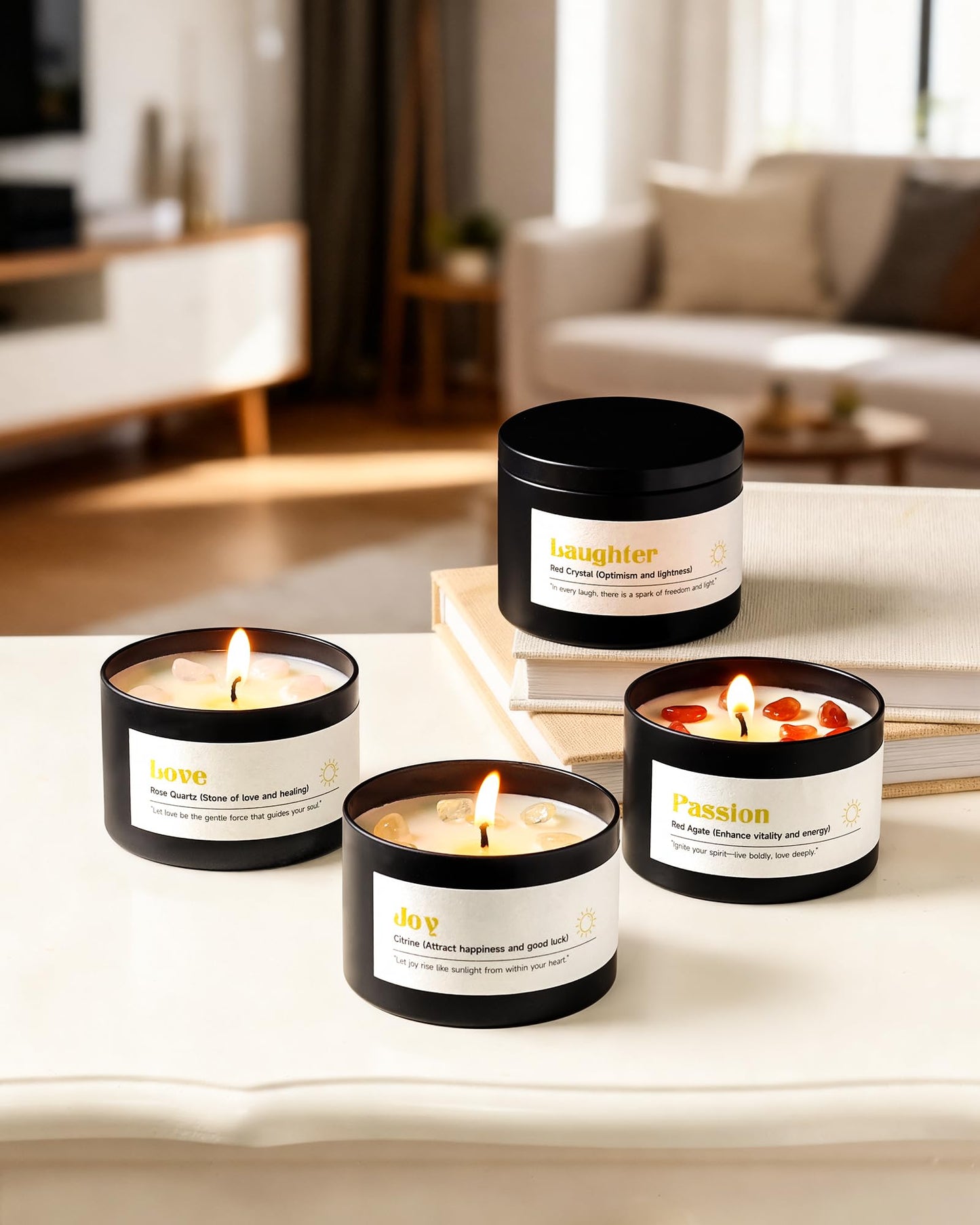 AOOVOO Crystal Energy Candles Set for Women - 4 Pack 26 oz Soy Wax Candles for Home Scented, 200 Hour Long Lasting Candle, Laughter Red Crystal/Love Rose Quartz/Joy Citrine/Passion Red Quartz