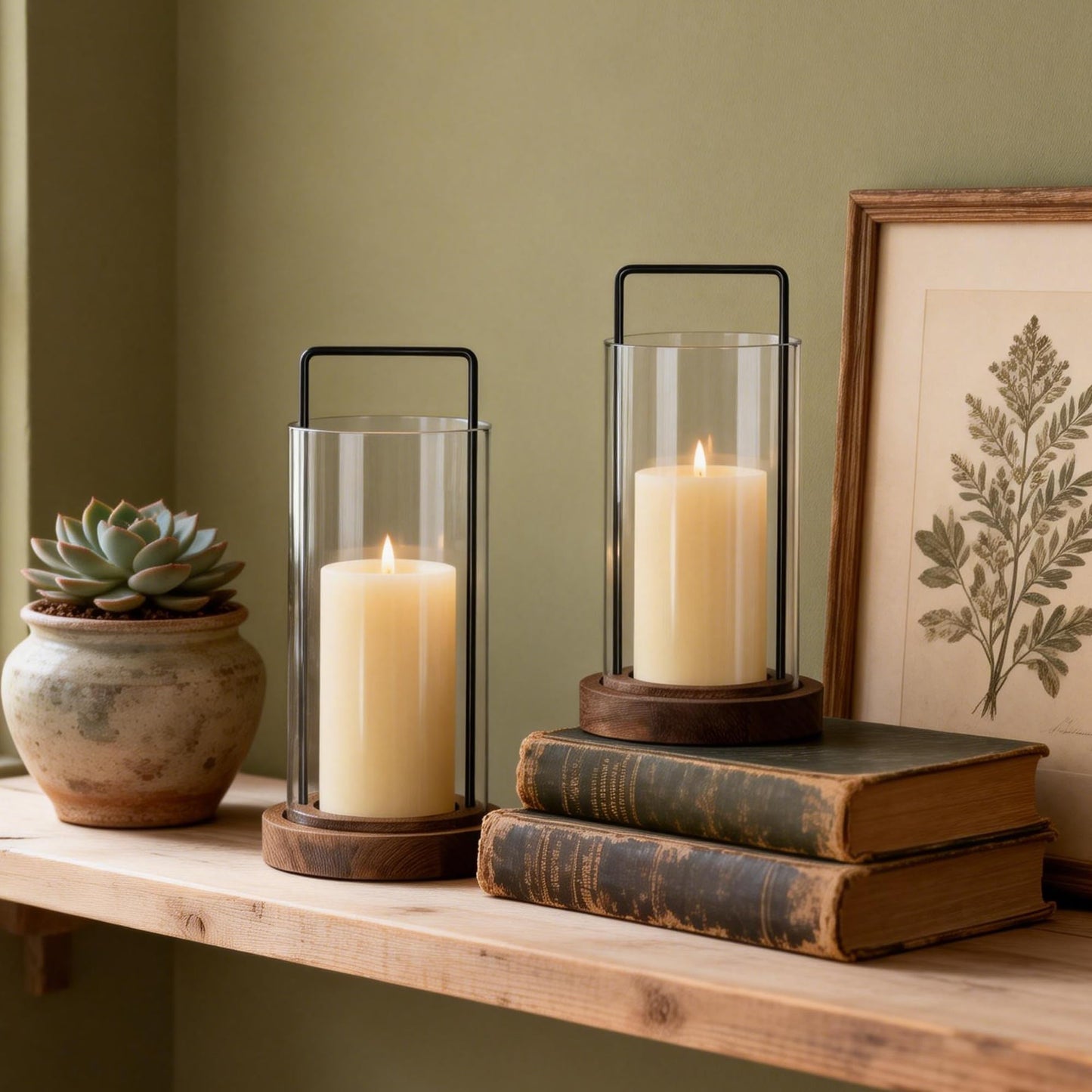 Houmury Farmhouse Candle Holder Decor Boho Glass Hurricane Lantern for Table Centerpieces Set of 2 Decorative Wood Metal Candle Holders for Living Room Dining Patio Home Decoration (Brown)