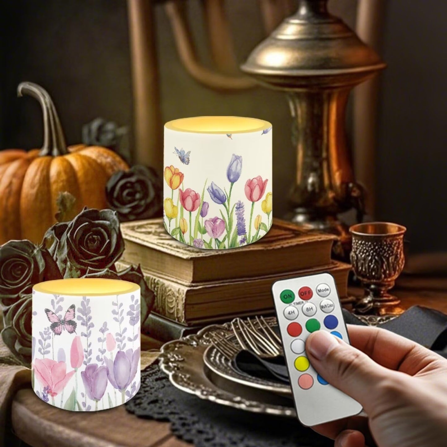 NETILGEN Tulips Flolwer Butterfly 4 Packs Decorative Flameless Candles 3 inch LED Pillar Candles with Remote Timer Control Battery Operated Color Changing Candles