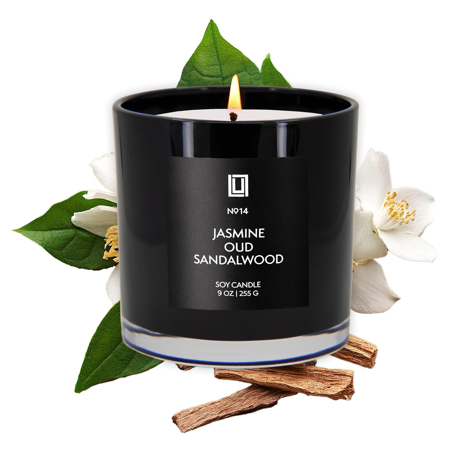 Lulu Candles | Jasmine, Oud & Sandalwood | Luxury Scented Soy Jar Candle | Hand Poured in The USA | Highly Scented & Long Lasting (9 Oz.)