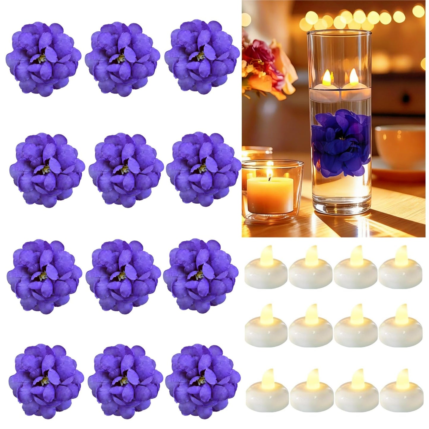 Qazcnd 24 Pack Flameless Floating Candles and Floating Artificial Flower Led Battery Operated Waterproof Floating Candles Tea Lights for Vases Centerpieces at Wedding, Party, Pool Decor Purple