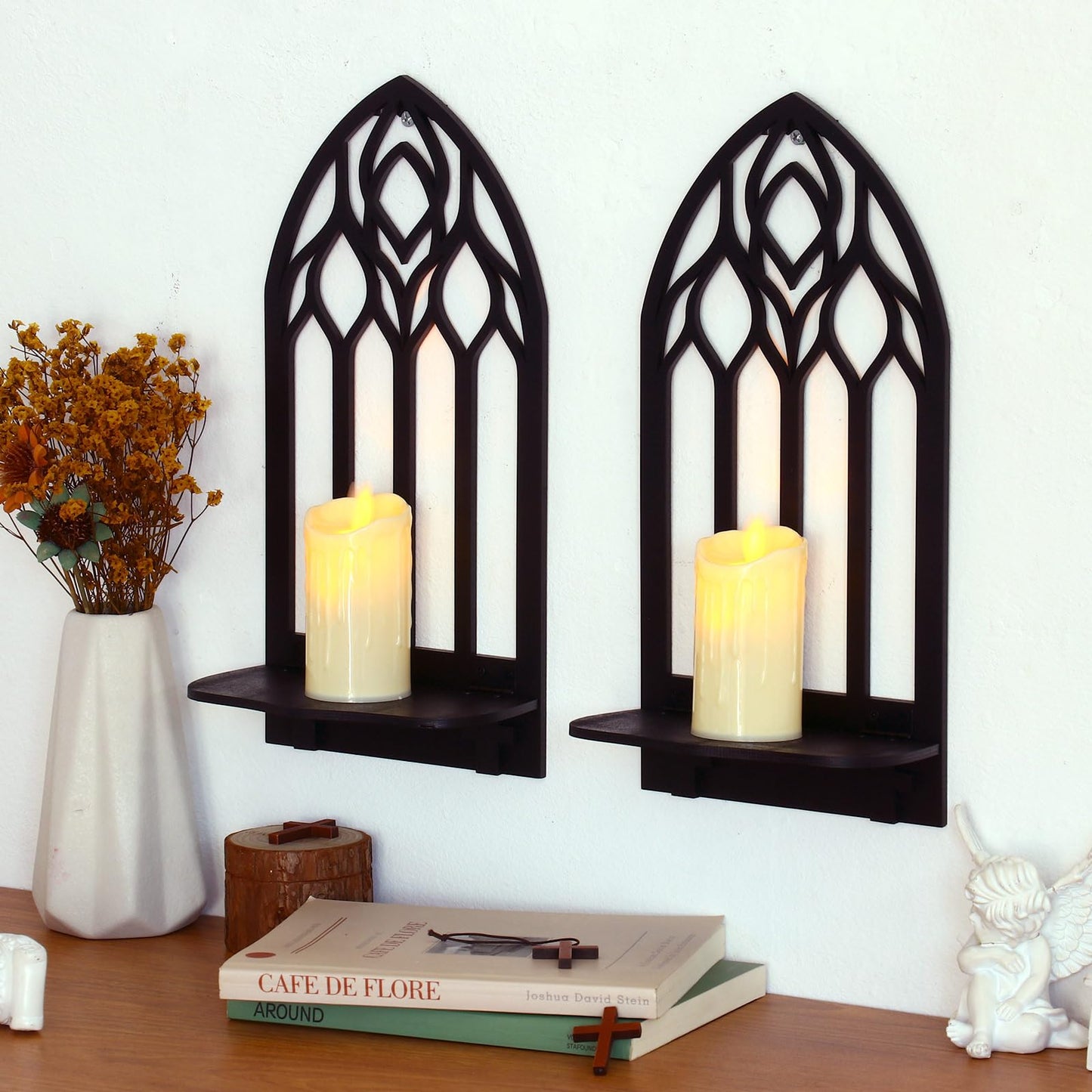 Zzbakress 2 Pcs Gothic Sconces Wall Decor Black Goth Decor Arched Church Wall Gothic Decor Art Gothic Bathroom Decor Gothic Home Decor for Living Room Kitchen Dinner Room (Upward)