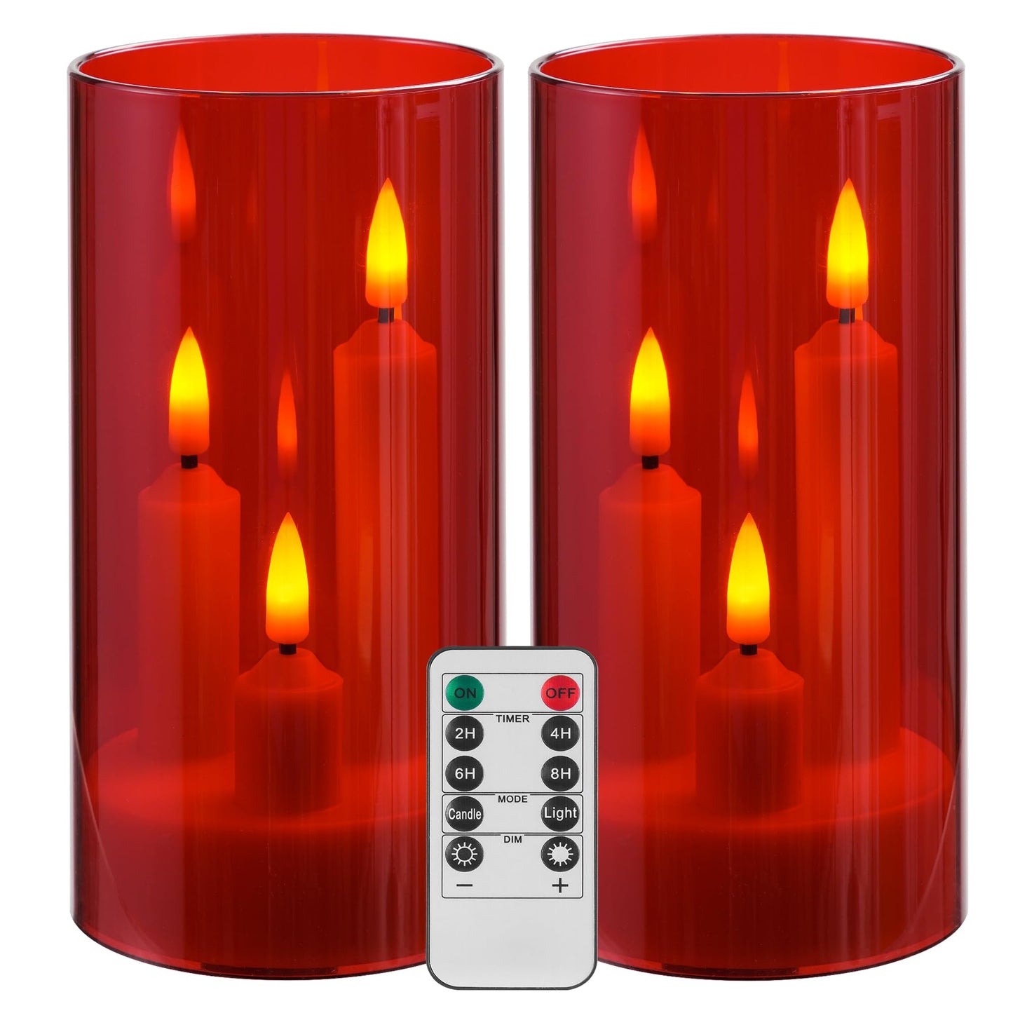 2 Pack 3D Wick Flameless Taper Candles, Red Transparent Acrylic Cover LED Flickering Candle Lights, Remote Control Battery Operated Electric Candles for Valentine Wedding Christmas Home Table Decor.
