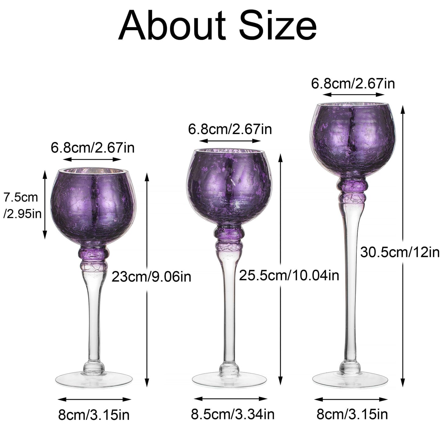 Inweder Glass Tealight Candle Holder: Purple Mercury Votive Holders 9/10/12 Inch Tall Long Setm Floating Candle Holders for Christmas Dining Table Centerpiece Wedding Party Halloween Set of 3