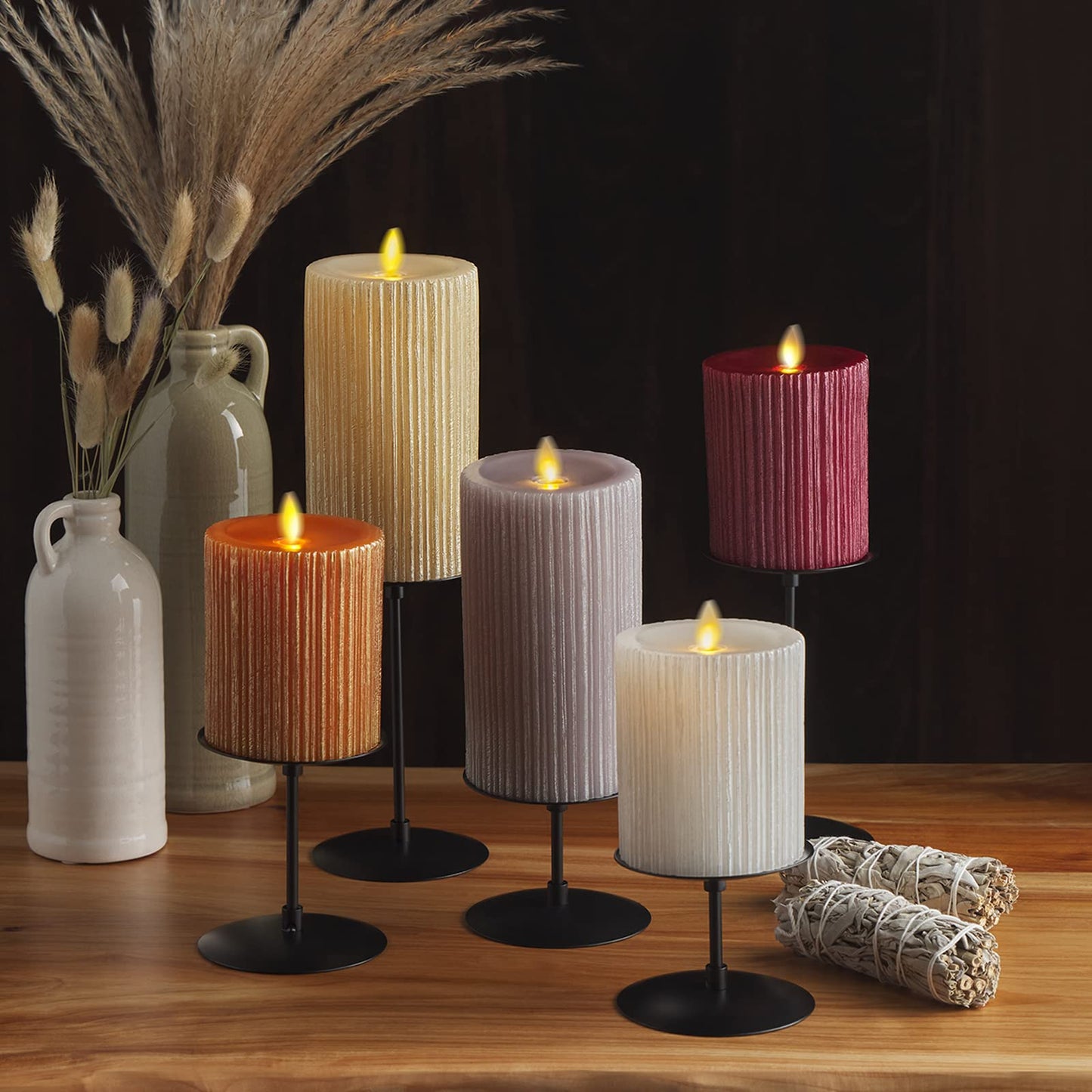 Luminara Metallic Embossed Pillar, Grey Flameless LED Candle 3.25" x 6.5", Battery Operated Real Flame Technology w/Timer Function, Paraffin Wax