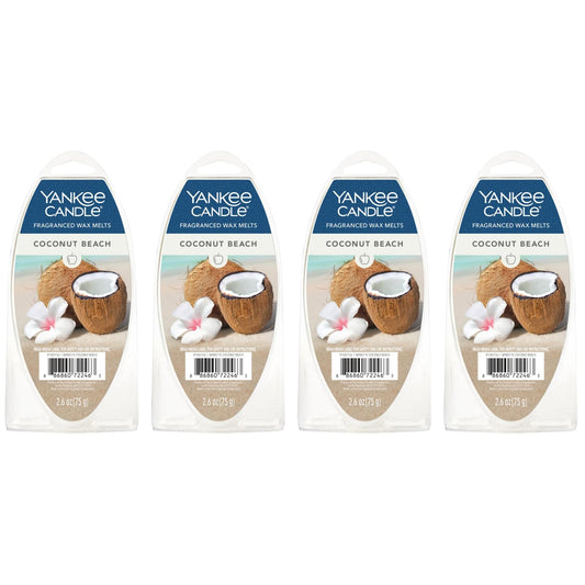Yankee Candle Fragranced Wax Melts, Coconut Beach Tropical Scent, Flame-Free Home Air Freshener Cubes for Electric Warmers, Long-Lasting Indoor Room Deodorizer, 6 Wax Spheres (Pack of 4)