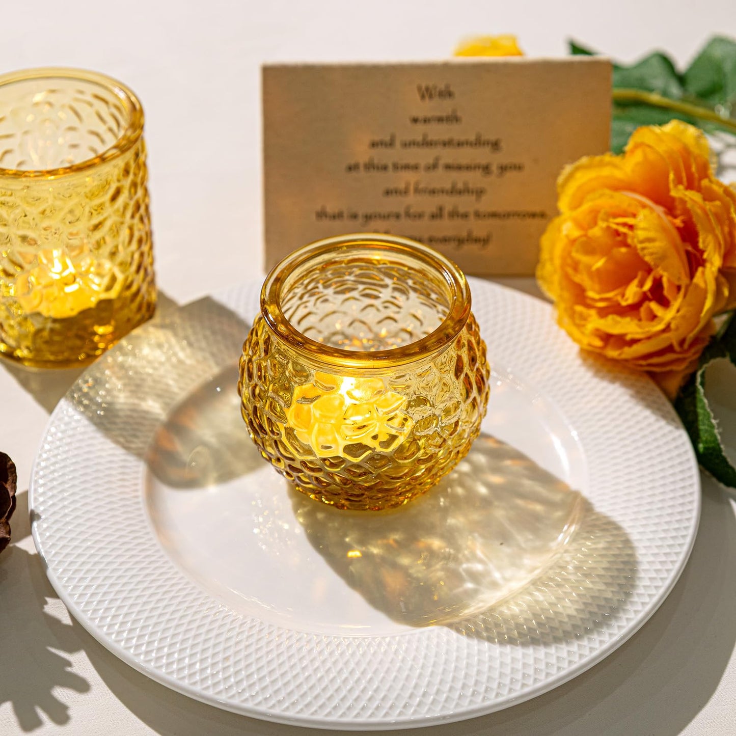 24-Piece Amber Glass Votive Candle Holders Set – Tealight Candle Holder Glass Bulk with 12 Round & 12 Hammered Textured Cups, Amber Votive Candle Holders for Weddings, Parties, Home