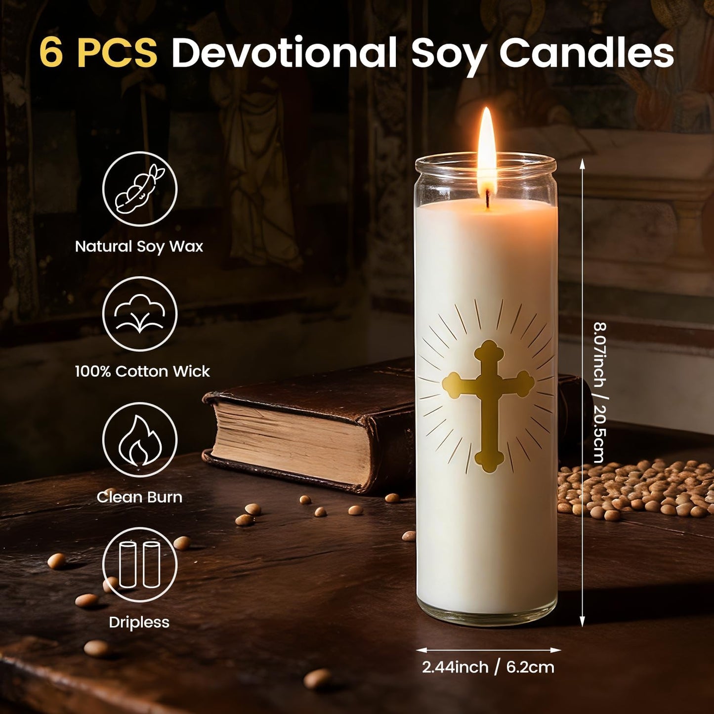 ARQRHTLY 6 Pcs Natural Soy Wax Prayer Candles 7 Day Devotional Candle in Glass 100 Hours Long Burn Time Religious Catholic Christian Spiritual Decor for Memorials Vigil Church Home Altar Bless Novena