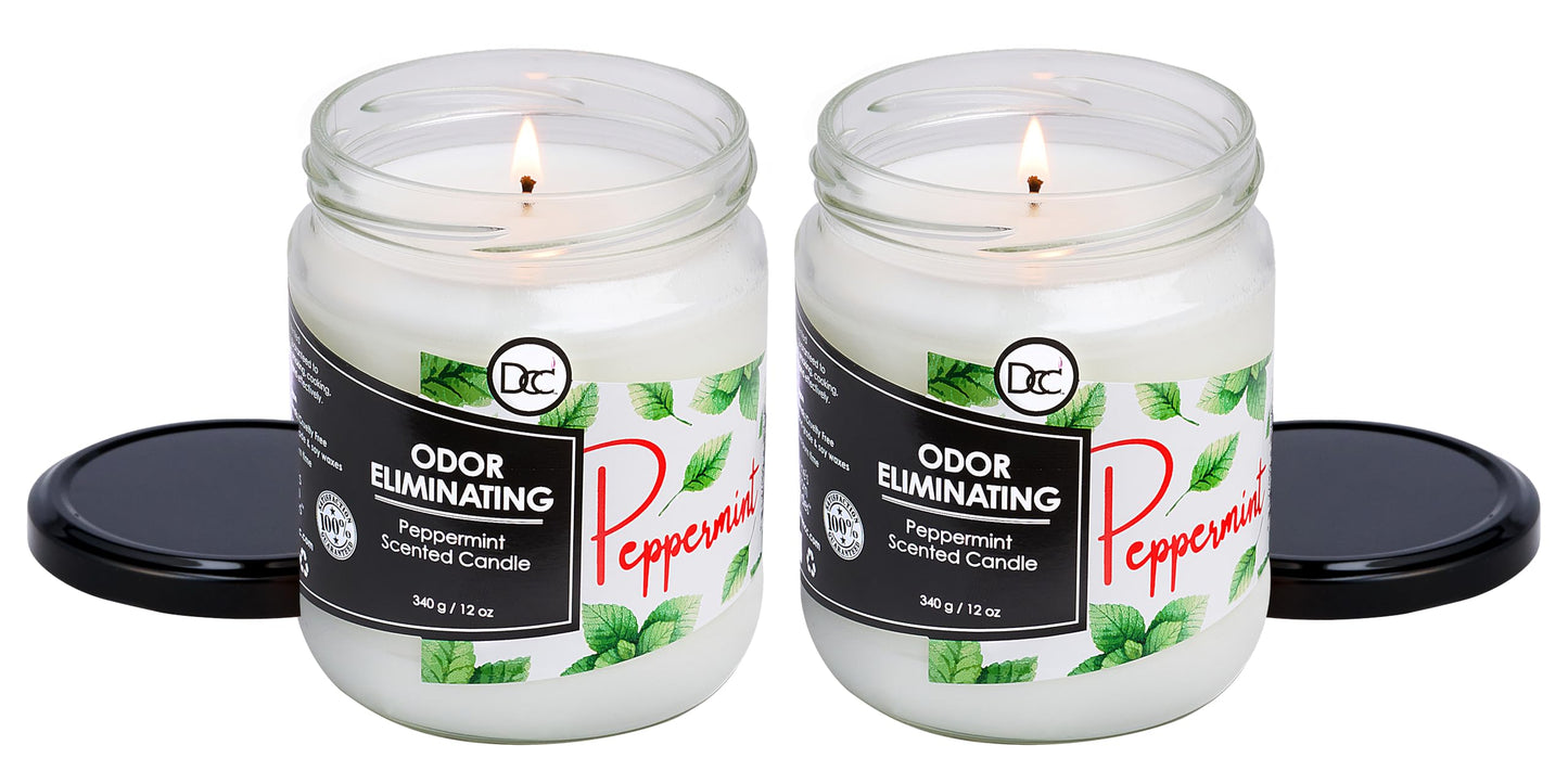 Peppermint Two Pack Odor Eliminating Highly Fragranced Candle - Eliminates 95% of Pet, Smoke, Food, and Other Smells Quickly - Up to 80 Hour Burn time - 12 Ounce Premium Soy Blend