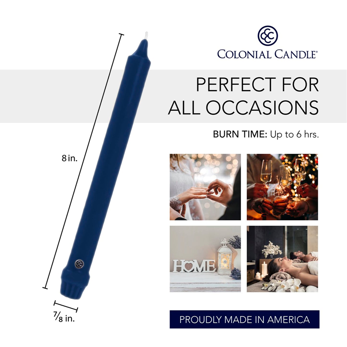 Colonial Candle Unscented Taper Candle, Classic Collection, Indigo, 8 In, Pack of 12 - Up to 6 Hours Burn