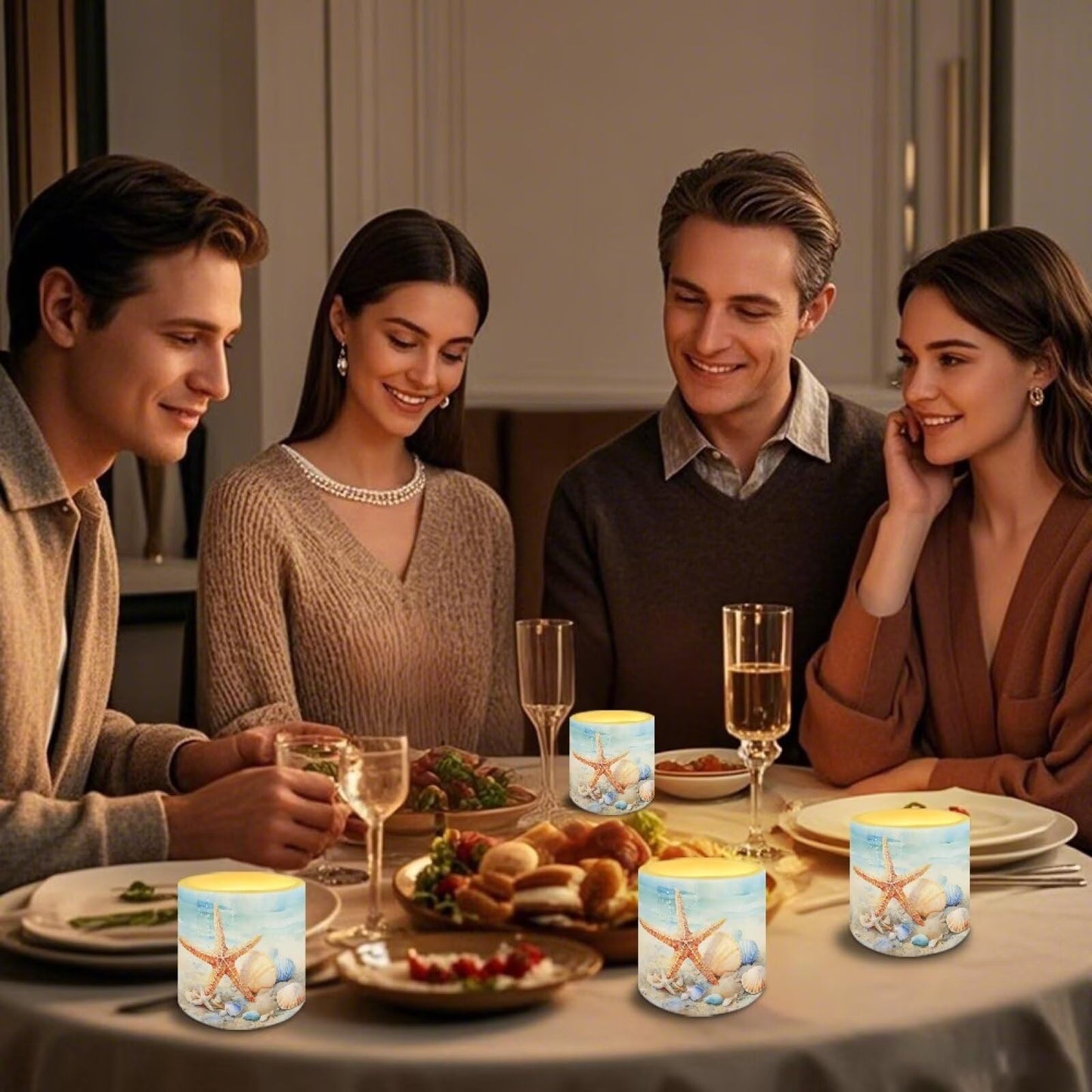 NETILGEN Beachside Starfish Print Flameless LED Candles with Remote Timer Set of 4 Home Decorative Realistic Flickering Flameless Candles with Battery Powered