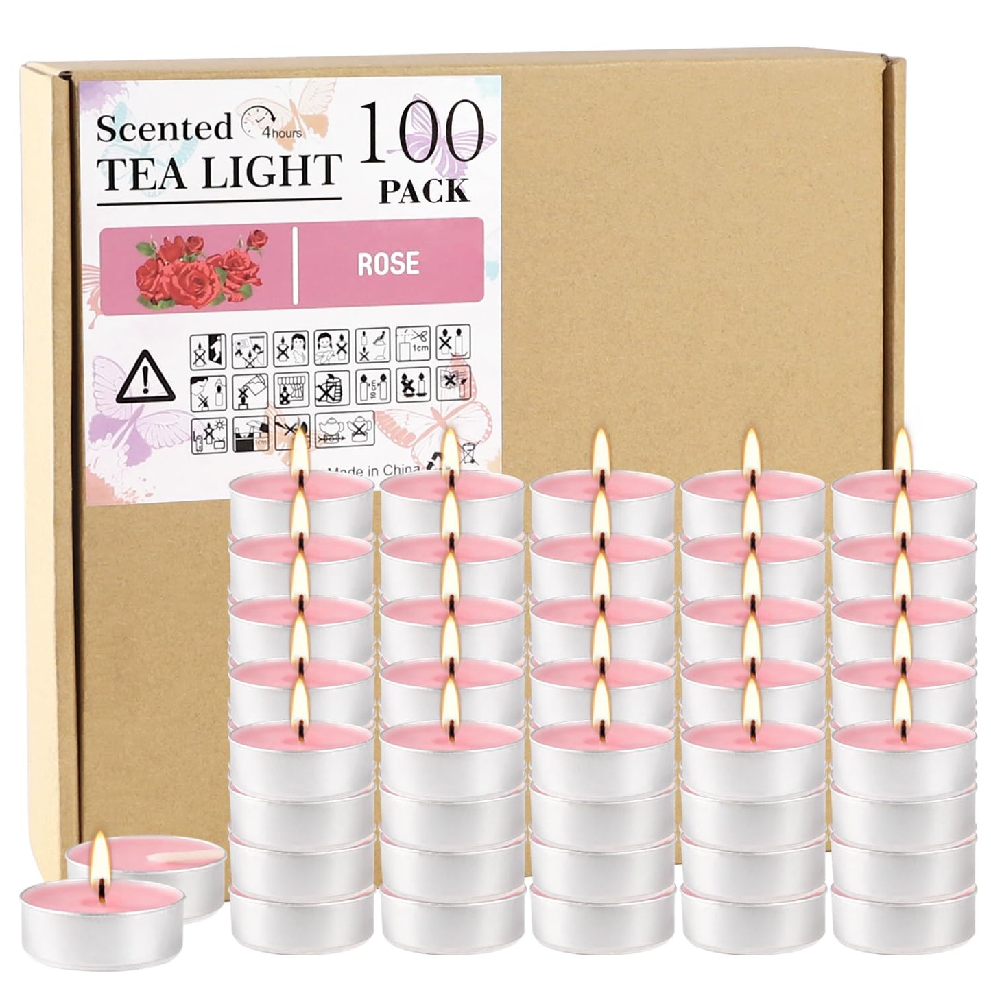 Pink Rose Scented Tealight Candles -Giant 100 Pack Votive Candles Bulk - Smokeless Tea Light Candle Gift Set for Valentine's Day,Holiday, Wedding and Home - 4 Hour